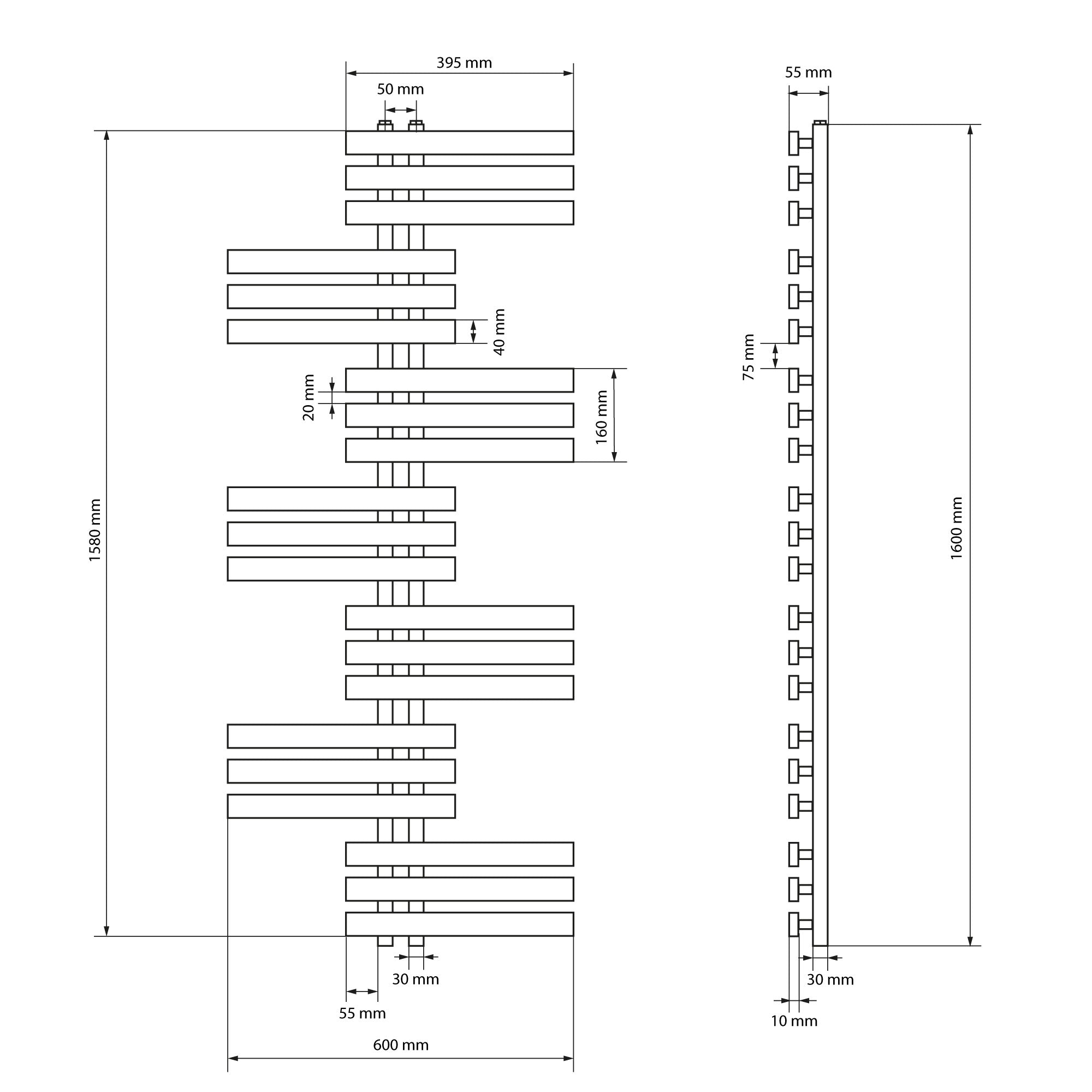 Technical drawing of a radiator with dimensions and details.