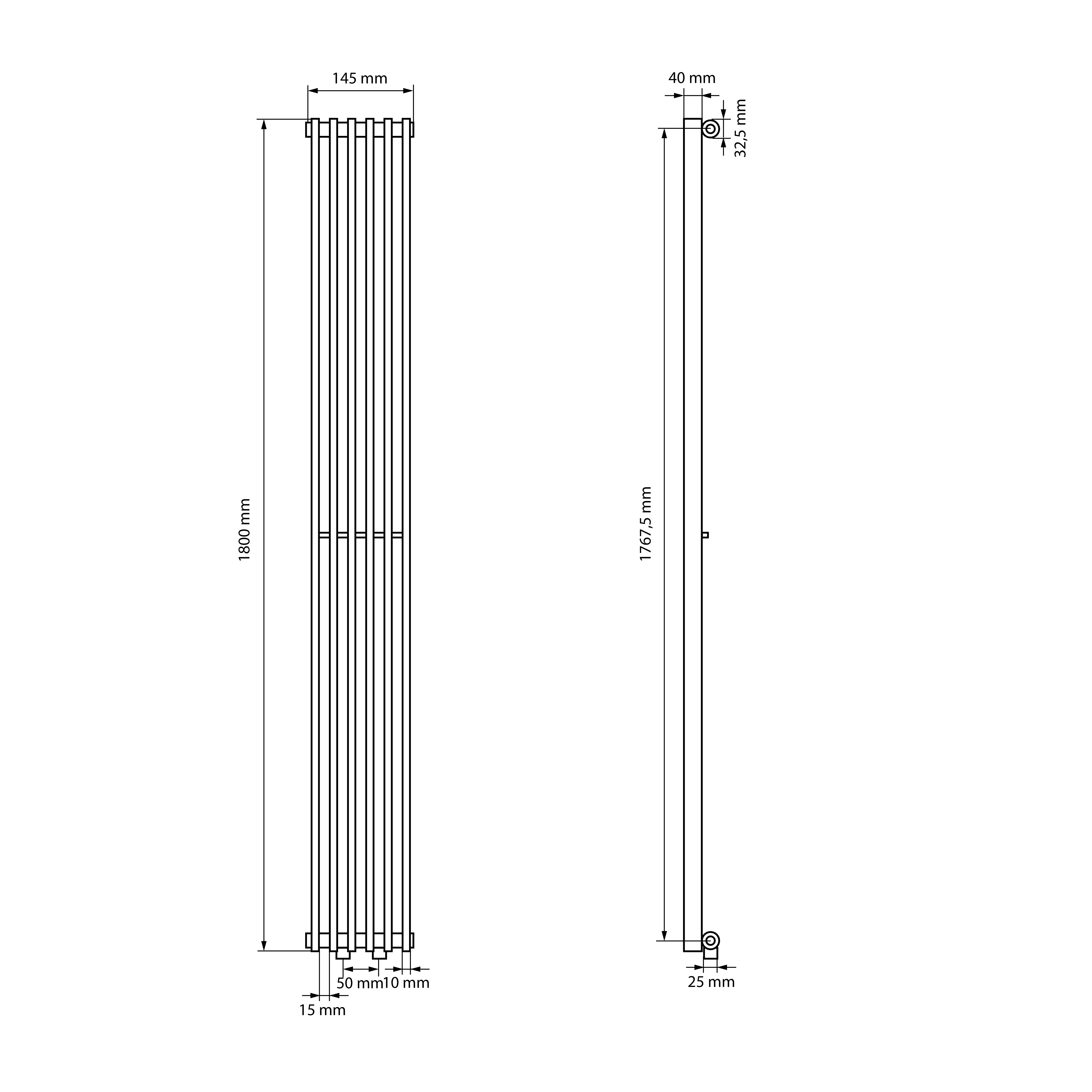 Technical drawing of a radiator with dimensions.