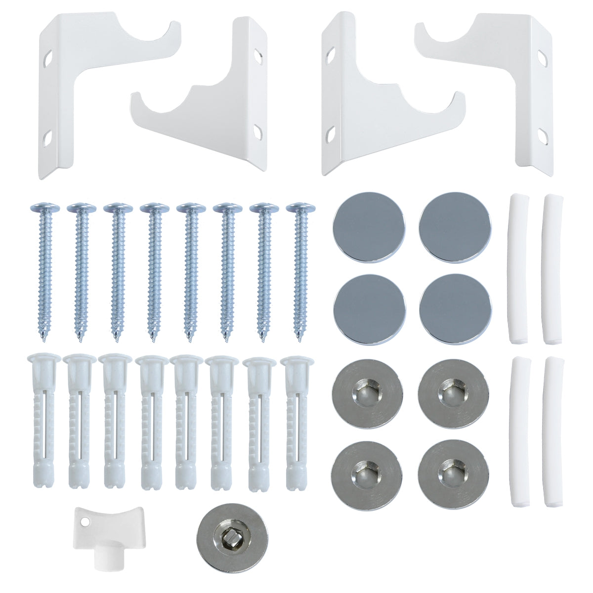 Assembly set with brackets, screws, and seals on a white background.