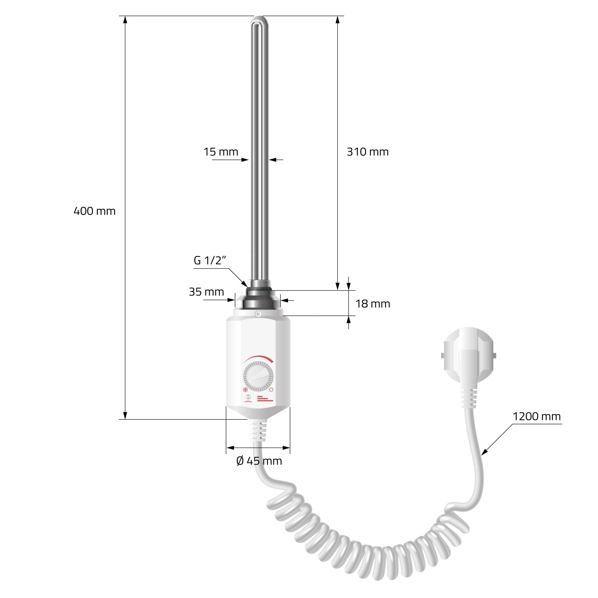 Weißer Heizstab mit technischen Maßen und einem Stecker.