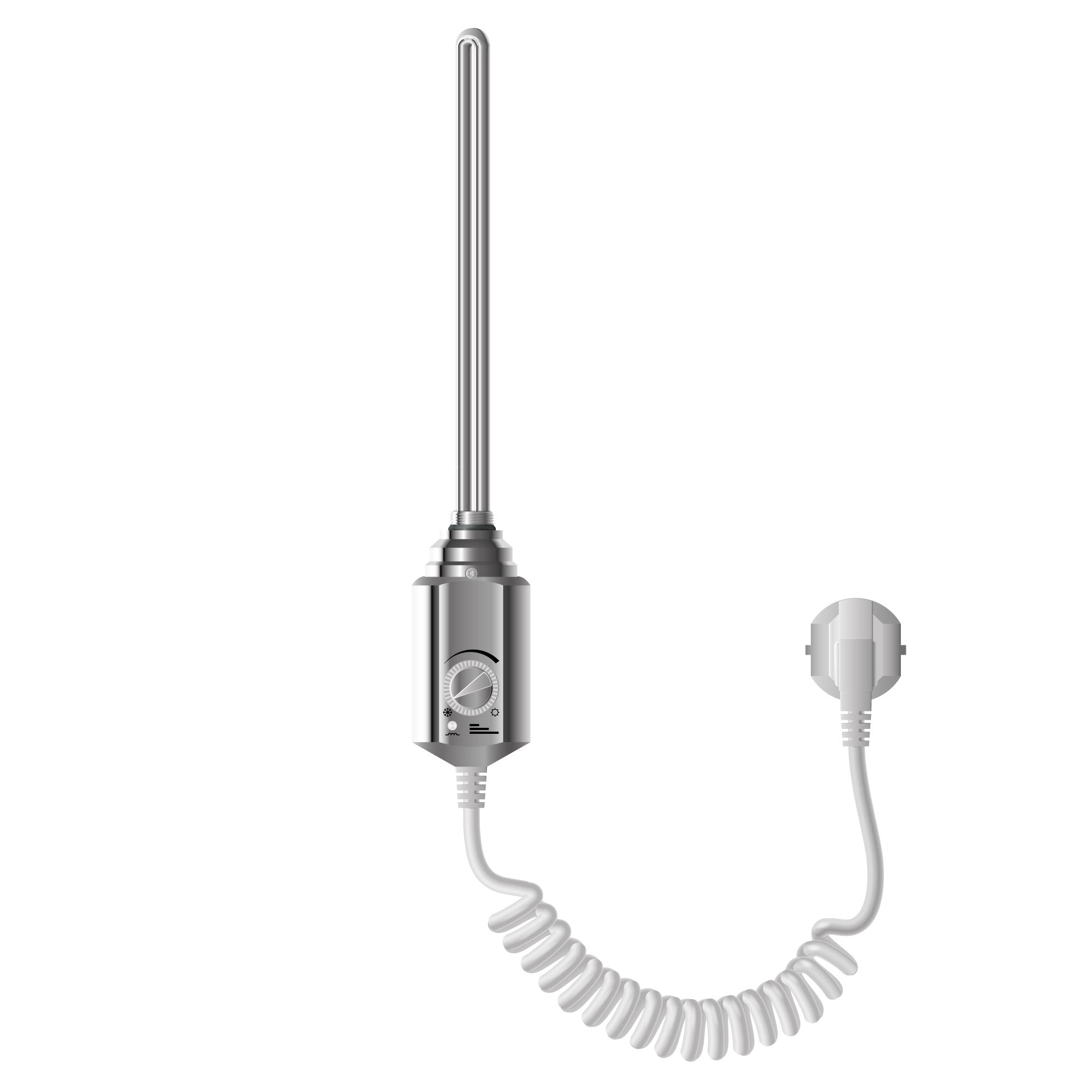 Ein Heizstab mit einem verchromten Gehäuse und einem spiralförmigen Kabel.