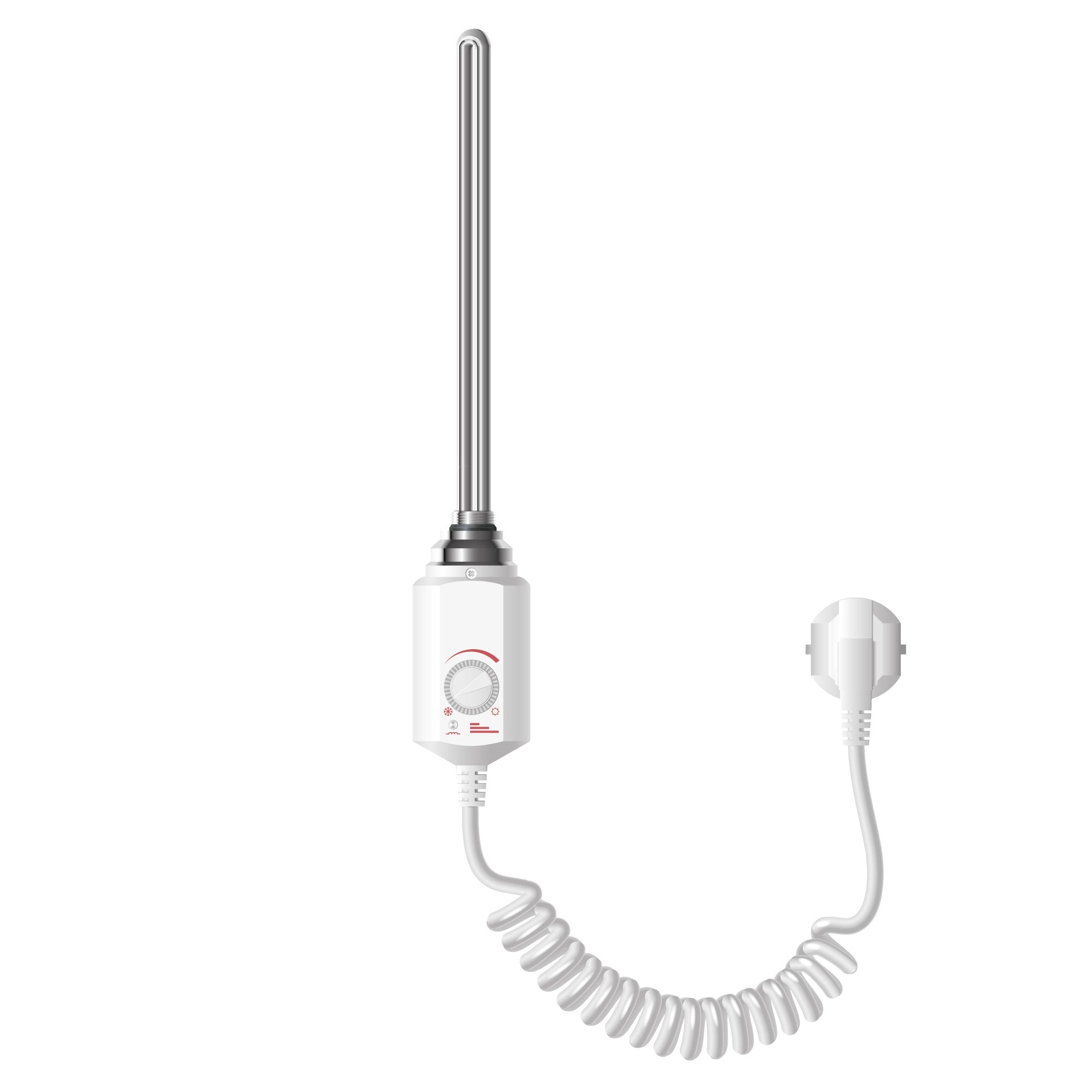 Ein Heizstab mit einem weißen Gehäuse und einem spiralförmigen Kabel.