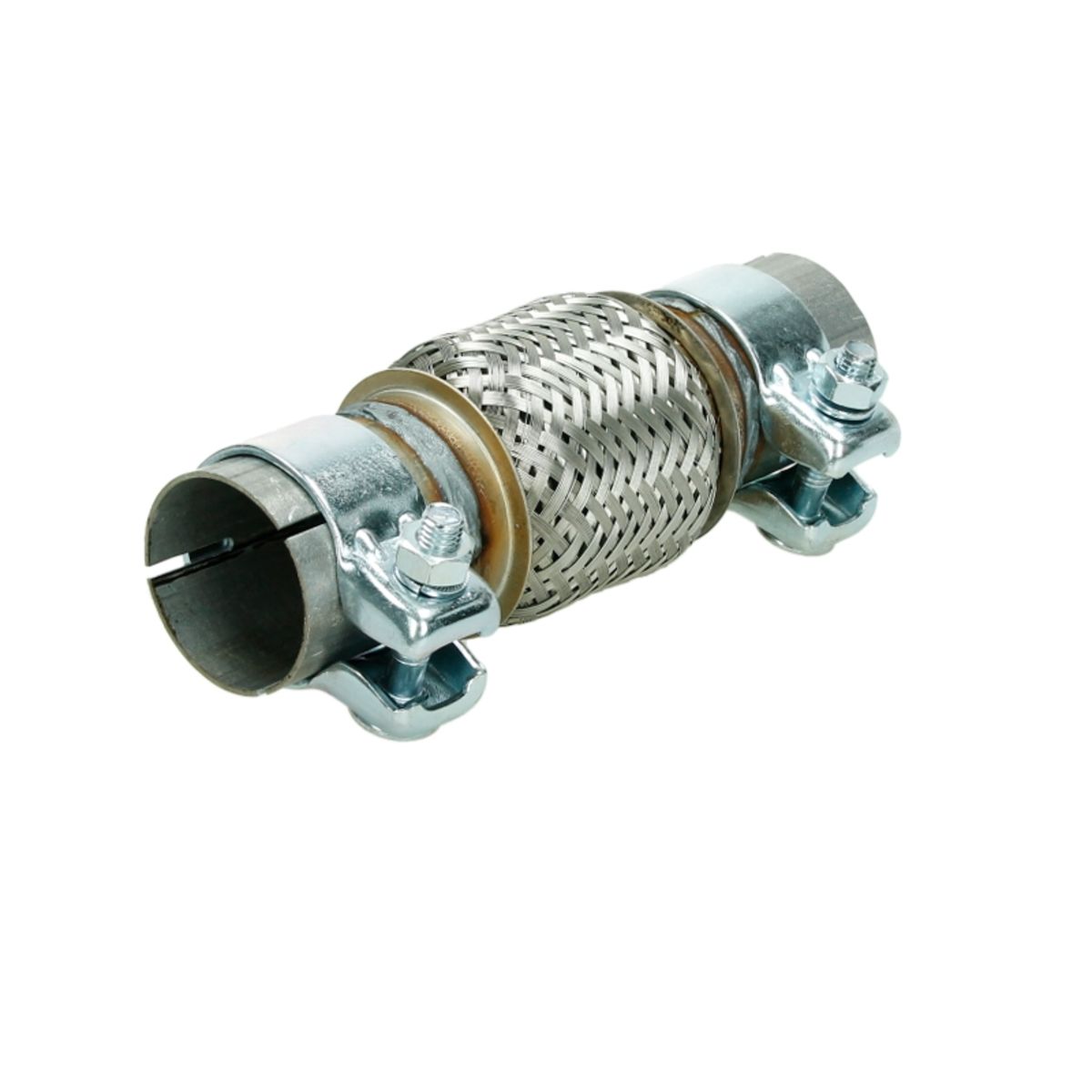 Ein flexibles Verbindungselement aus Metall mit zwei Klemmen.
