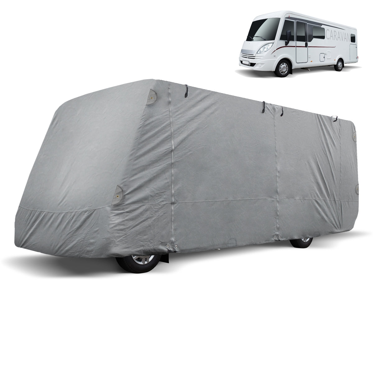 Graue Abdeckung für ein Wohnmobil, das auf einem weißen Hintergrund steht.