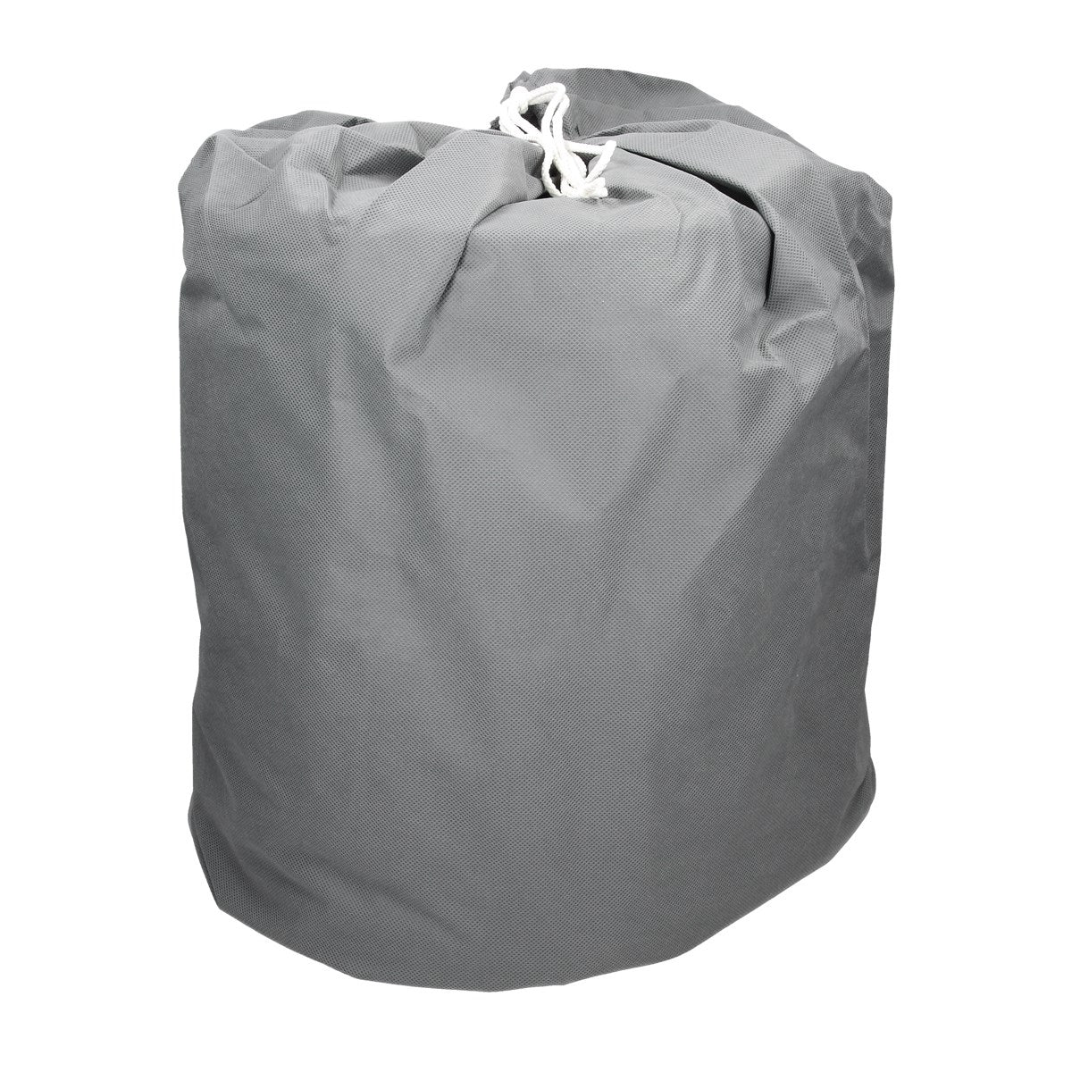 A gray drawstring bag that is folded and standing upright.