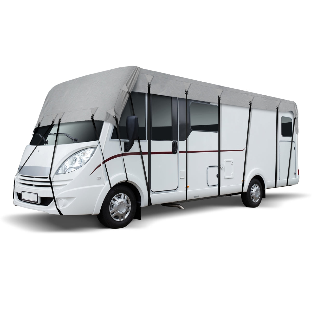 Weißer Wohnmobil mit grauer Abdeckung und Befestigungsgurten.