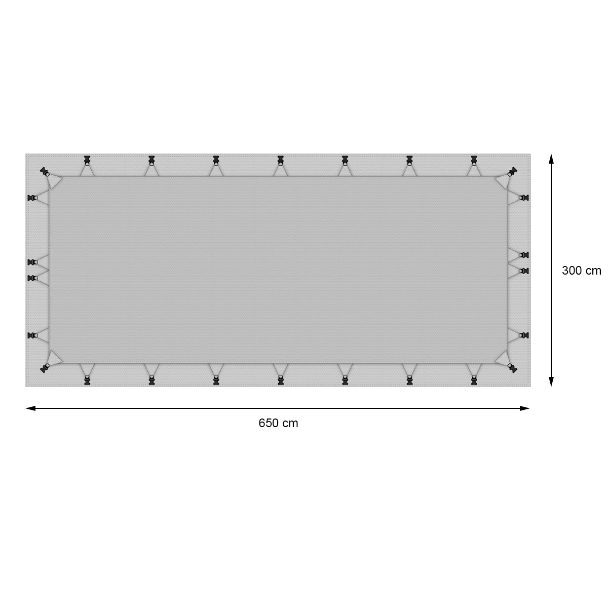 Un dibujo técnico de un objeto rectangular con medidas y puntos de fijación.