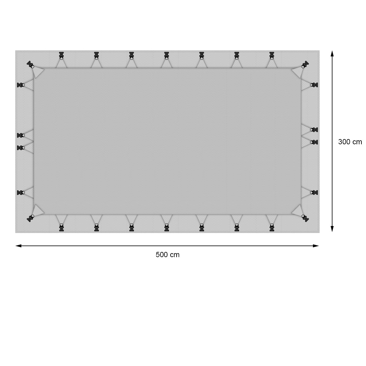 Graue Plane mit Maßen 500 cm x 300 cm und Befestigungselementen an den Seiten.