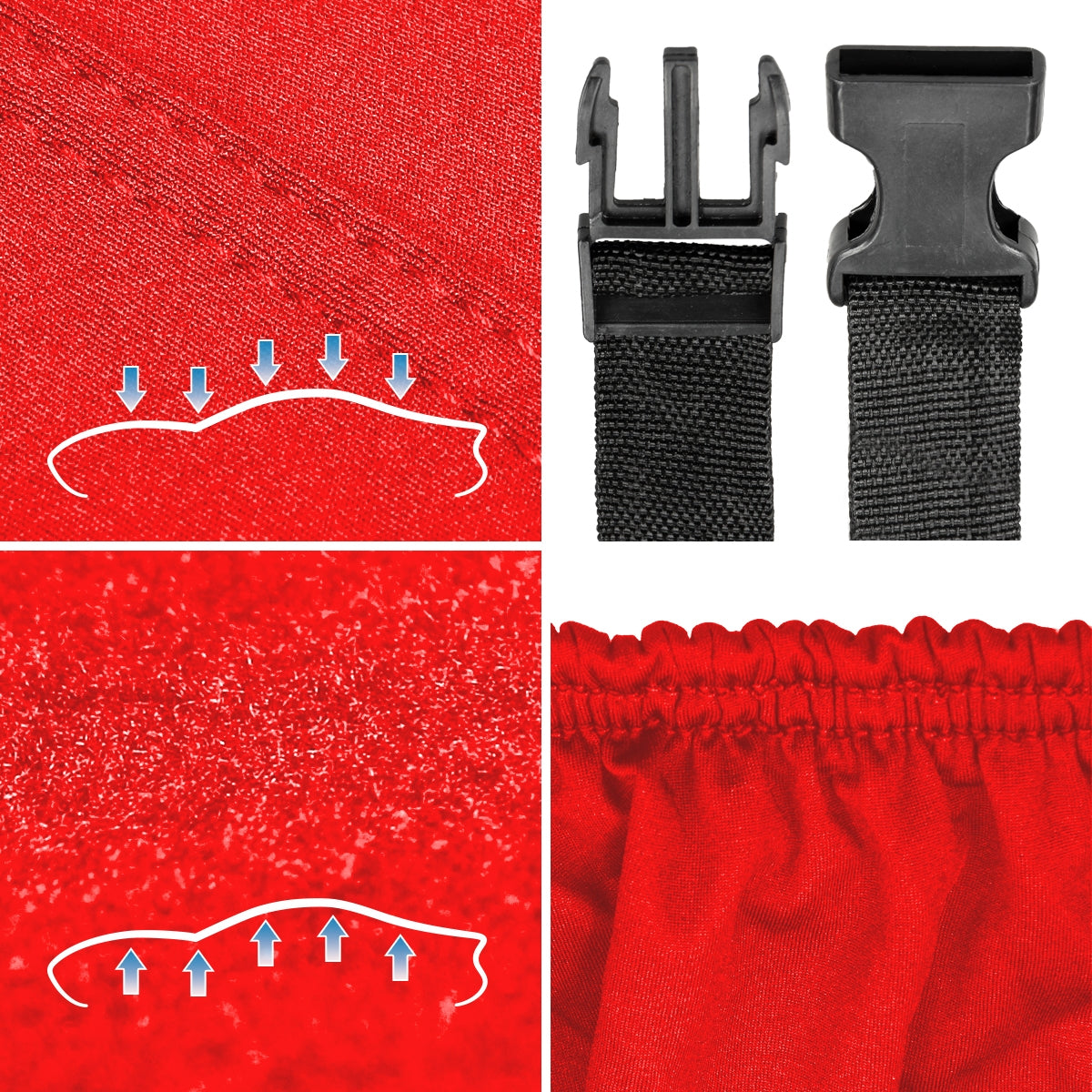 Roter Stoff mit Gummizug und Schnalle, Detailansicht.