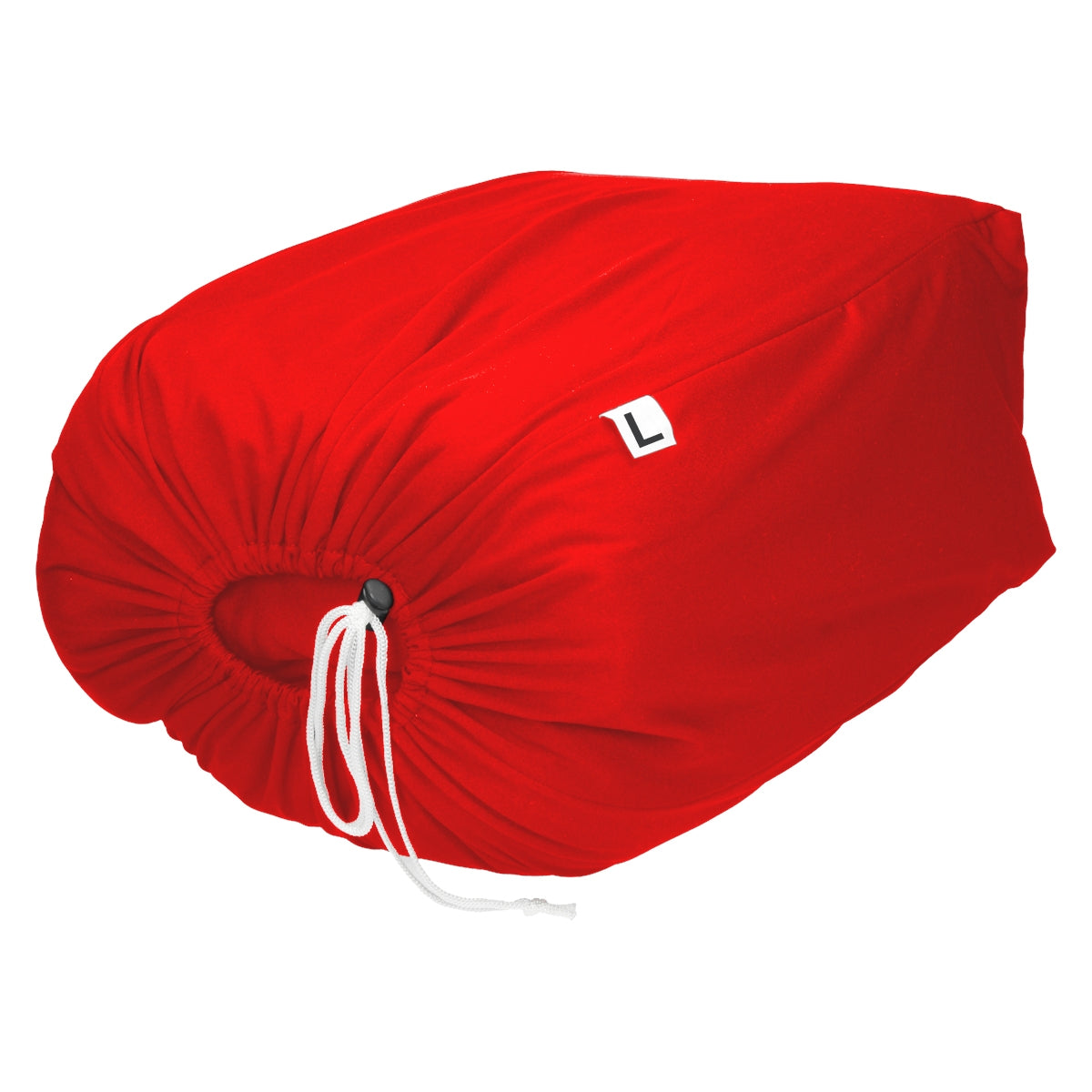 Ein rotes, zusammengepacktes Cover mit einem Kordelzug, auf einem weißen Hintergrund.