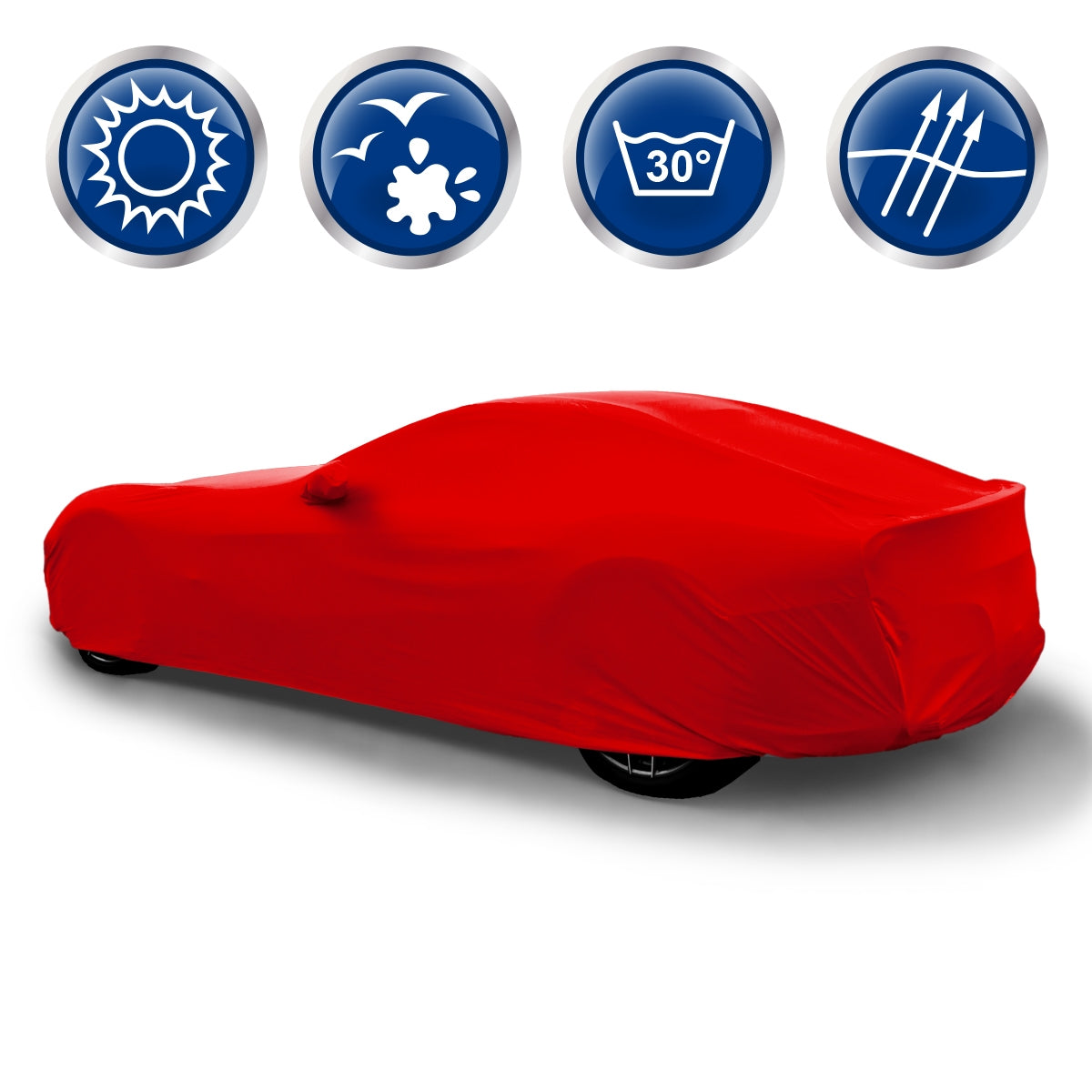 Rotes Auto, das mit einer Abdeckung geschützt ist, umgeben von Symbolen für Wetterbeständigkeit.