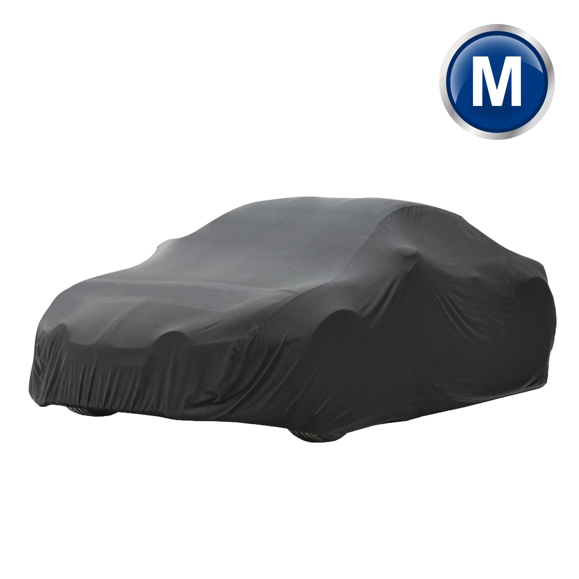 Un coche cubierto con una cubierta negra, con símbolo M.