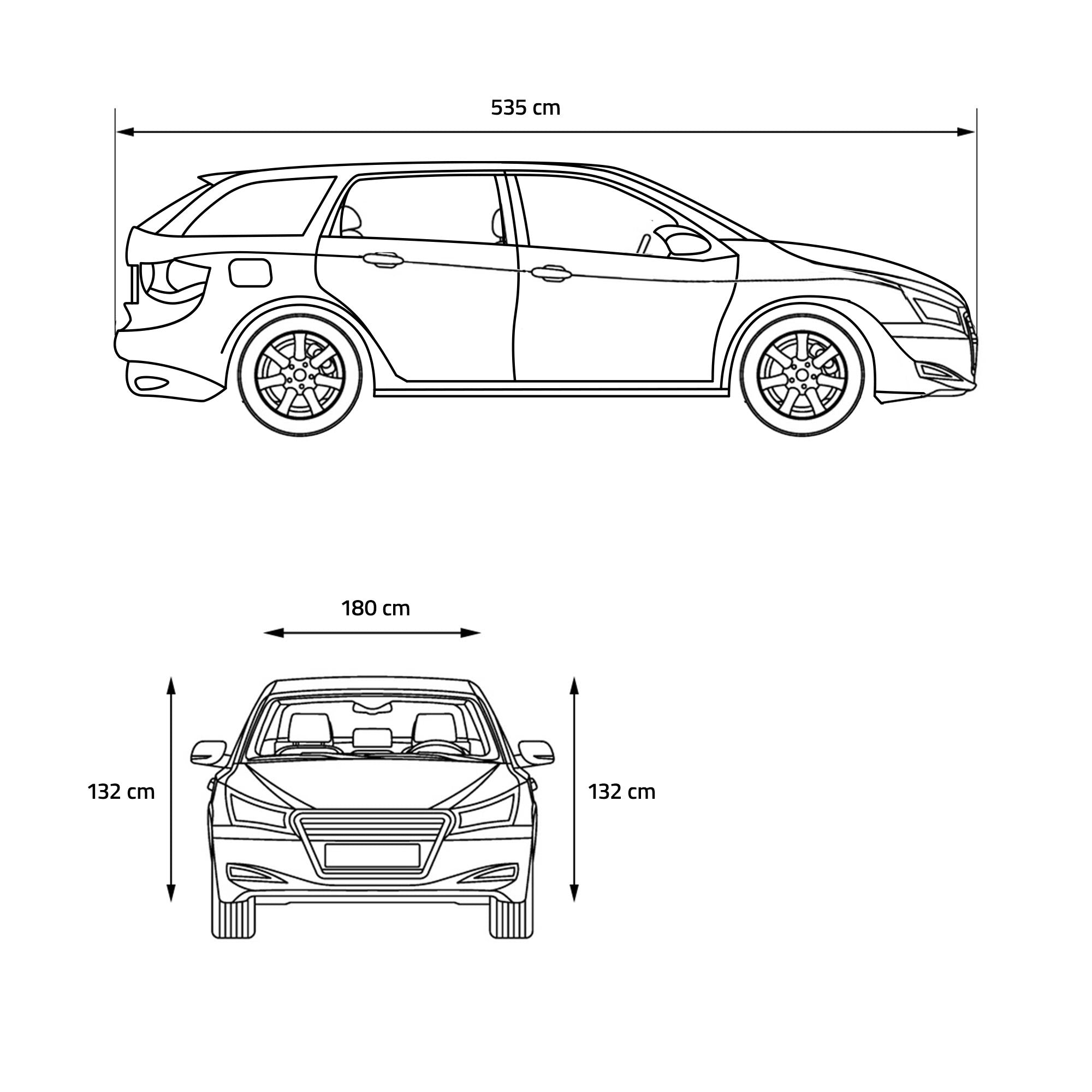 Technische Zeichnung eines größeren Autos mit Abmessungen in cm.