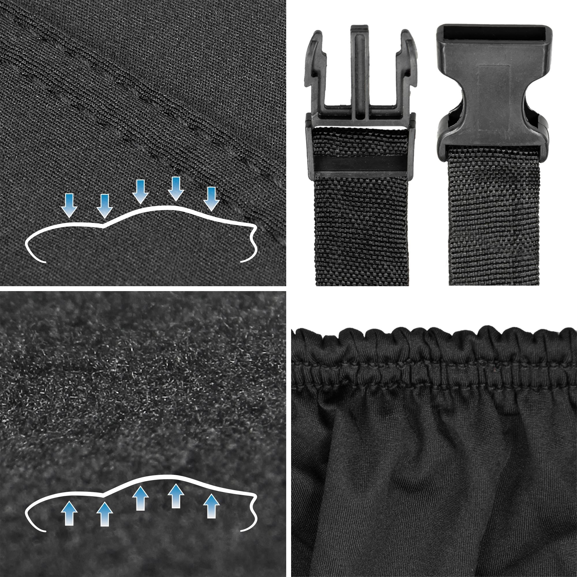 Detailansicht eines schwarzen Stoffes mit Nähte und Schnallen.