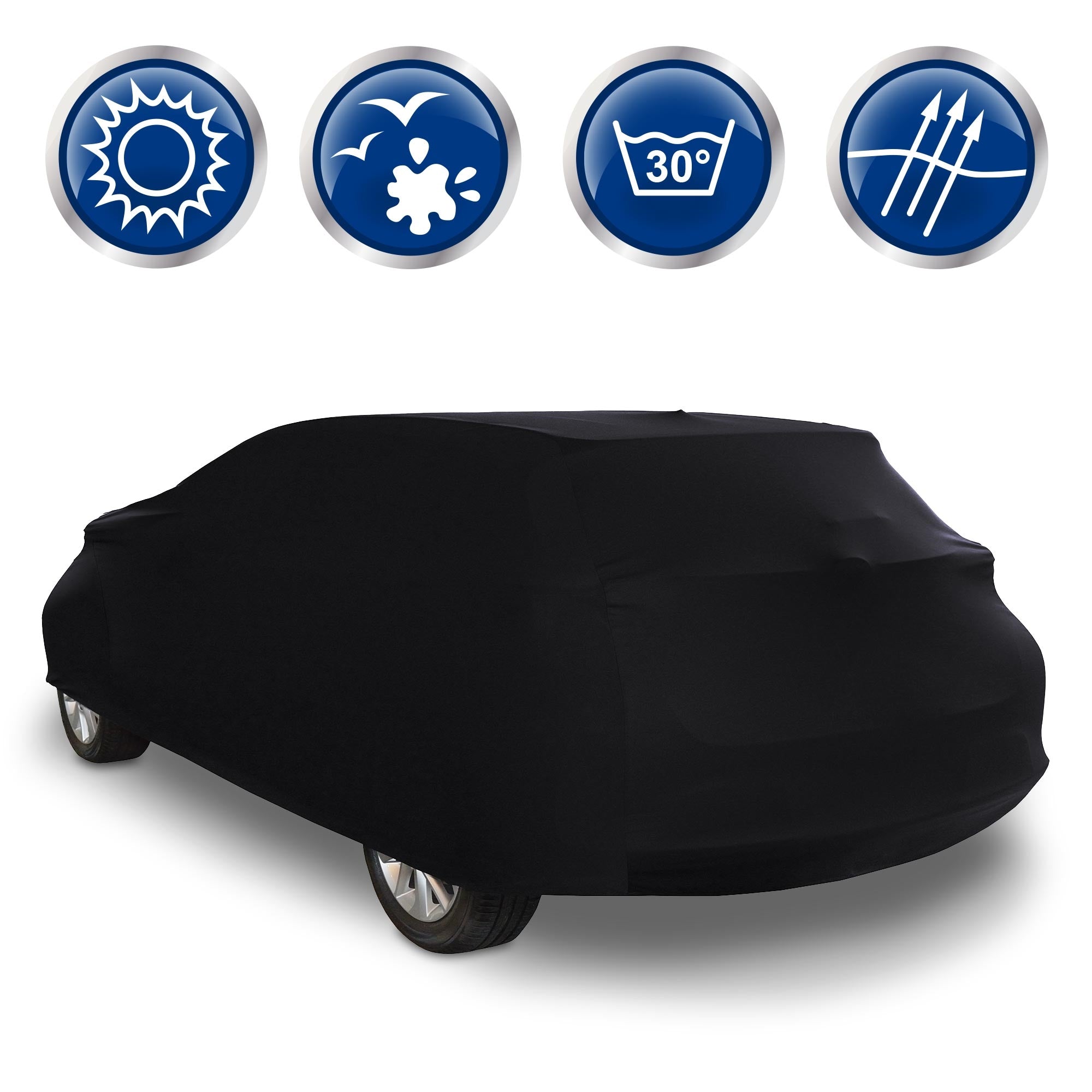 Ein schwarzes Auto unter einer Abdeckung mit Symbolen für Schutz und Pflege.