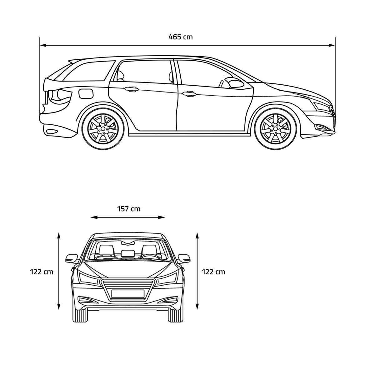 Teknisk tegning af et køretøj med mål: 465 cm i længden, 157 cm i bredden, 122 cm i højden.