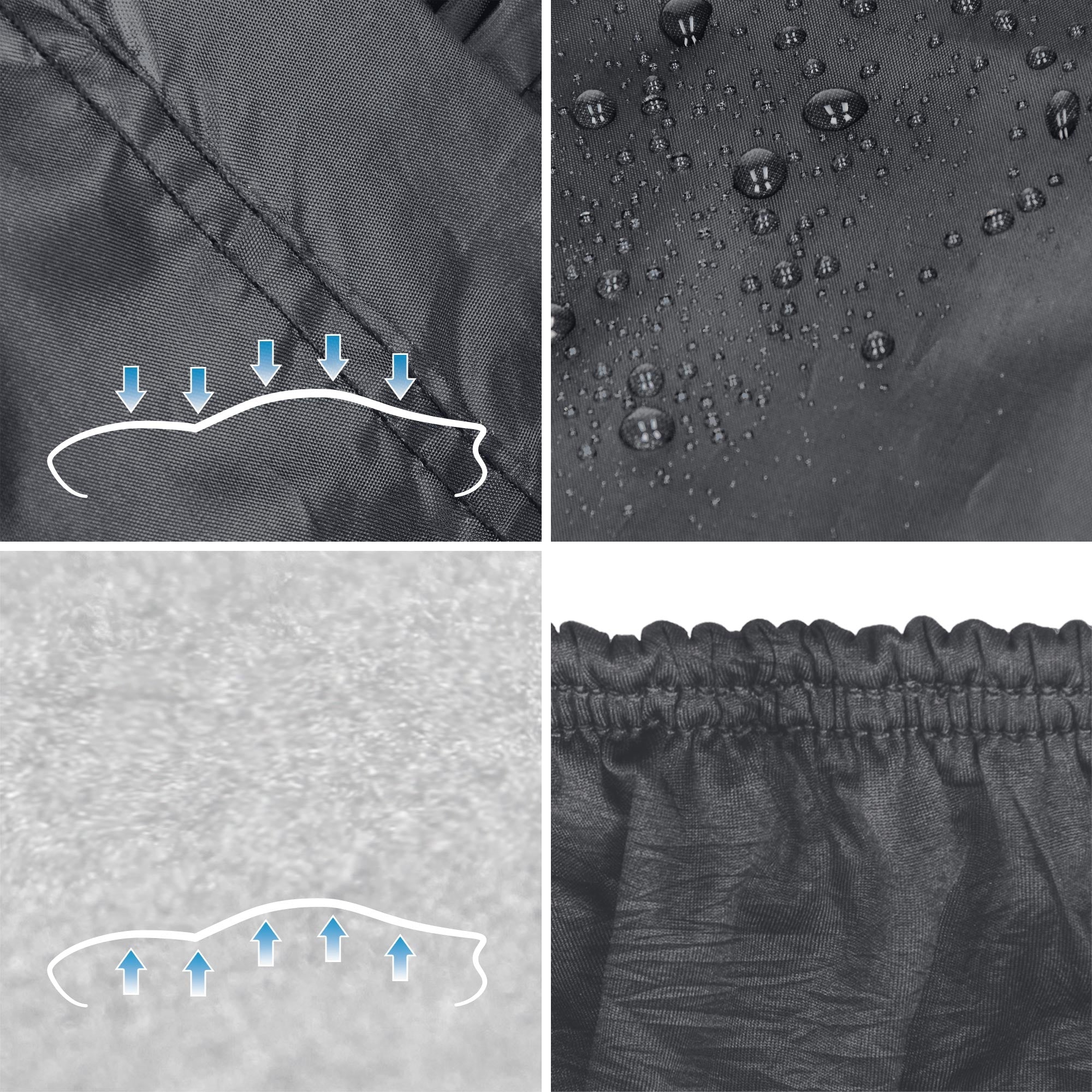 Zwei Bereiche eines Stoffes, einer mit Wasserperlen, der andere mit einer glatten Oberfläche.