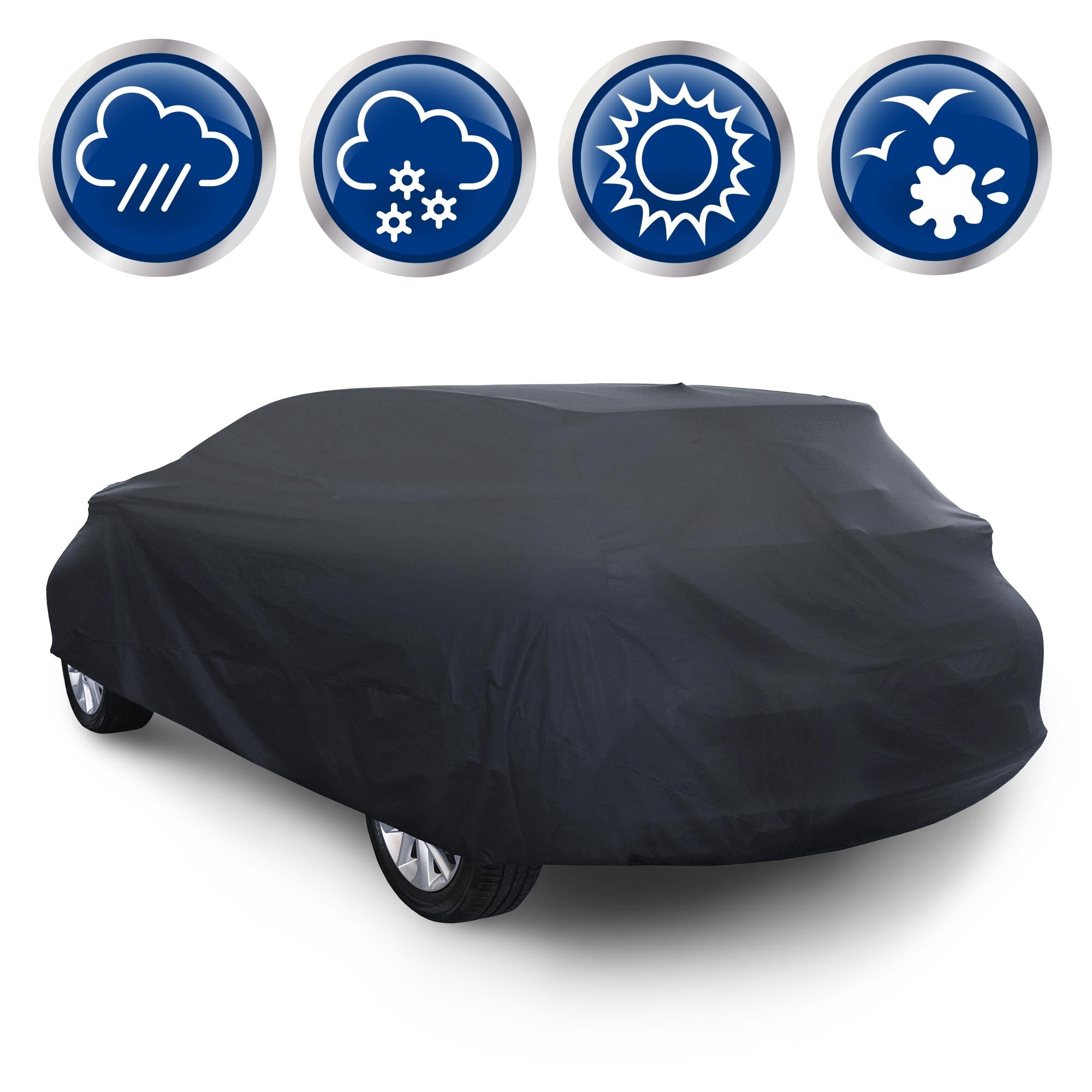 Ein Auto unter einer Abdeckung, umgeben von Symbolen für Wetterbedingungen.
