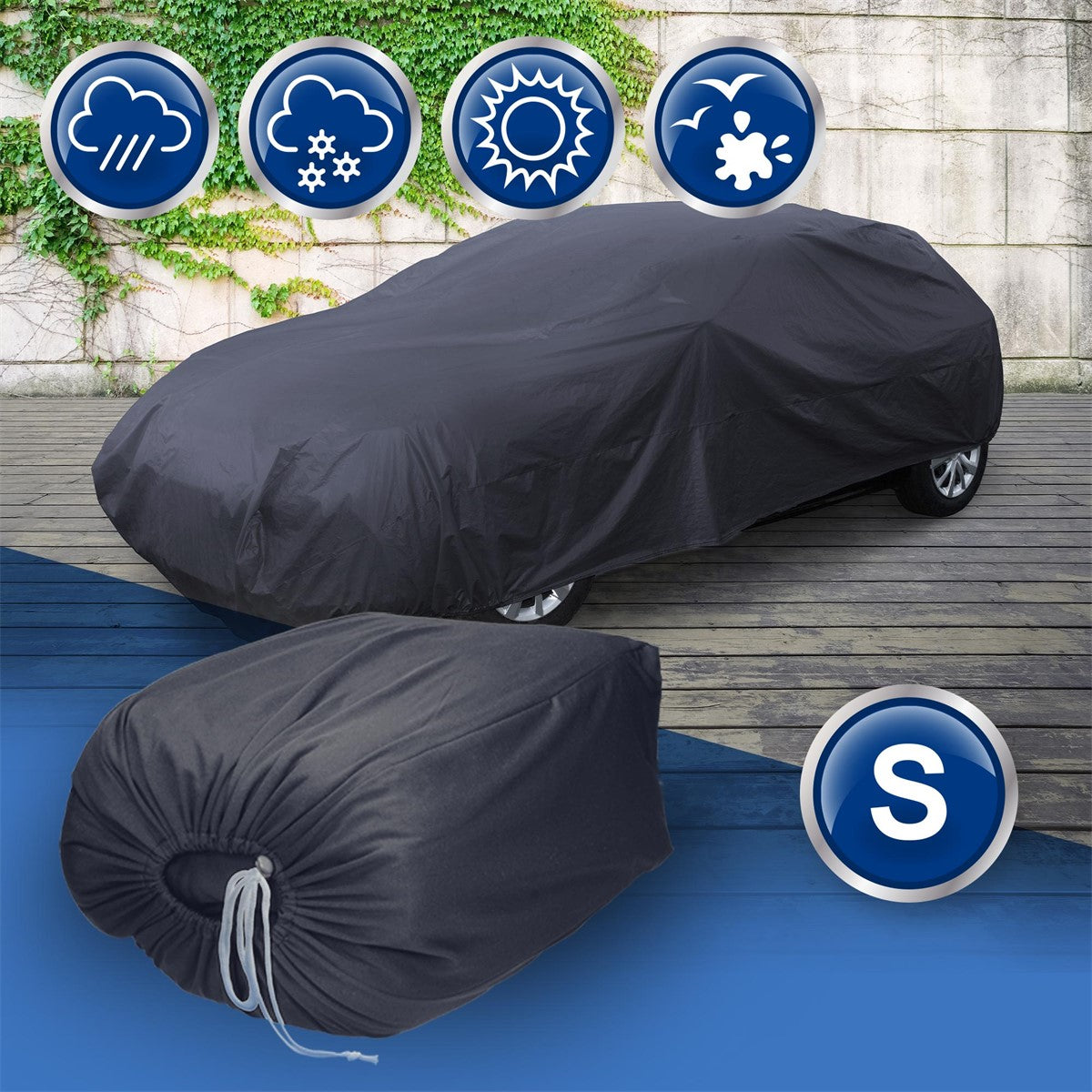 Funda negra sobre un coche, con símbolos de condiciones meteorológicas.
