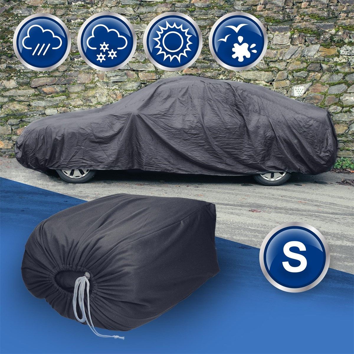 Coche con una funda, rodeado de símbolos de las condiciones meteorológicas.