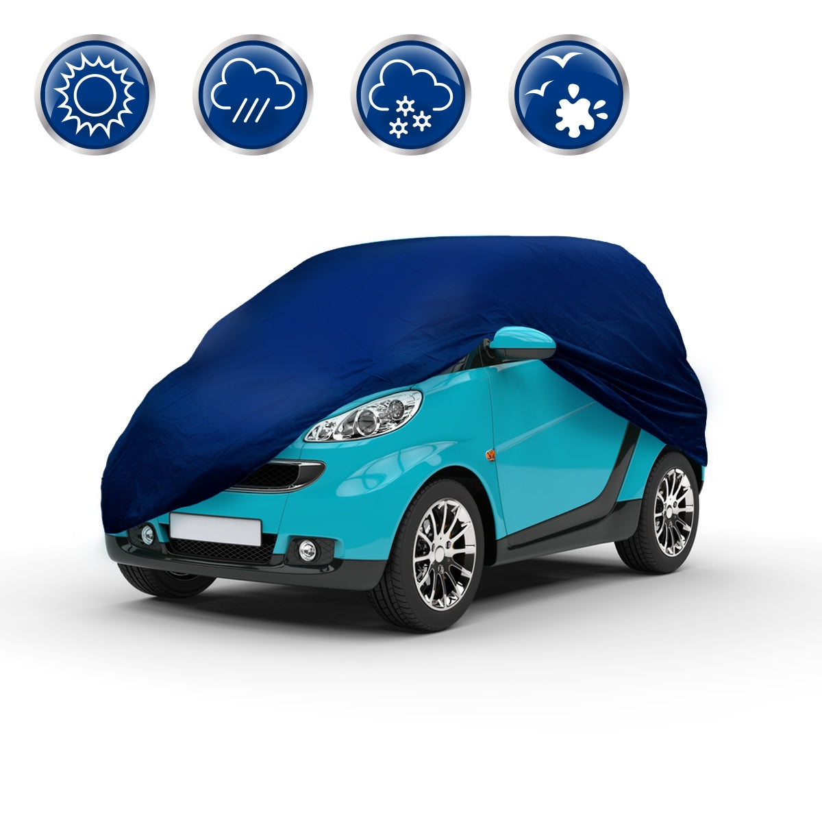 Blaues Auto, das mit einer Abdeckung vor Witterung geschützt ist.