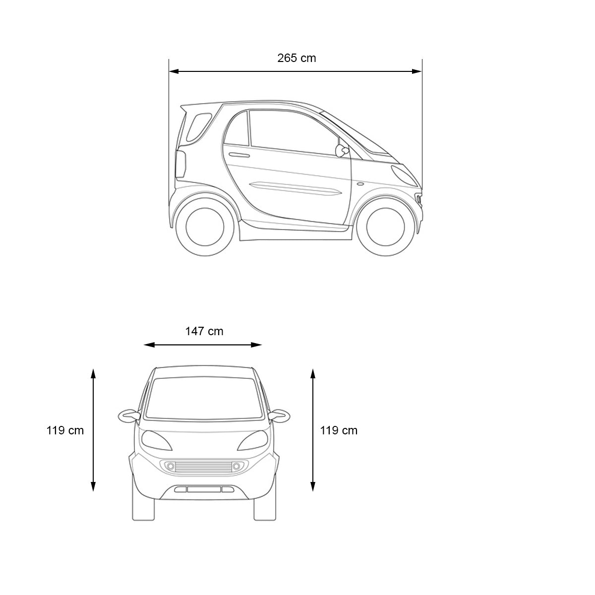Seitenansicht eines kleinen Autos mit Abmessungen in cm.