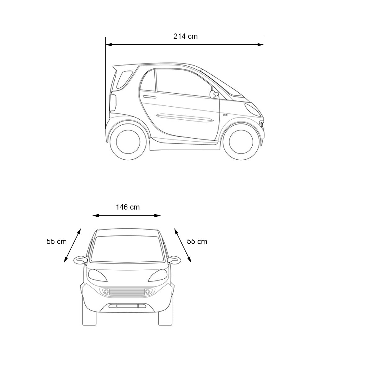 Seitenansicht eines kleinen Autos mit Abmessungen 214 cm Länge und 146 cm Breite.