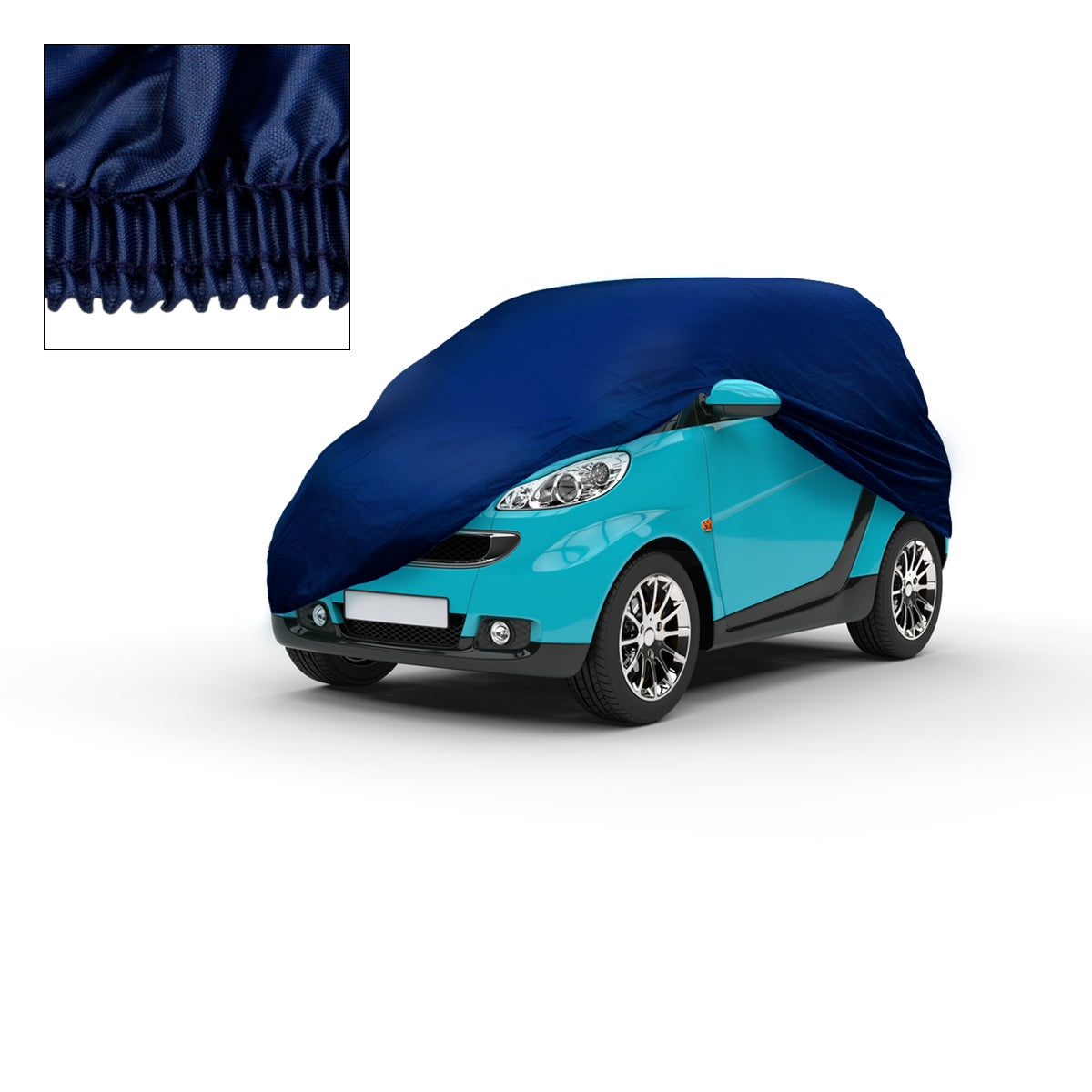 Ein blauer Smart mit einer blauen Abdeckung, Detailansicht der Abdeckung.