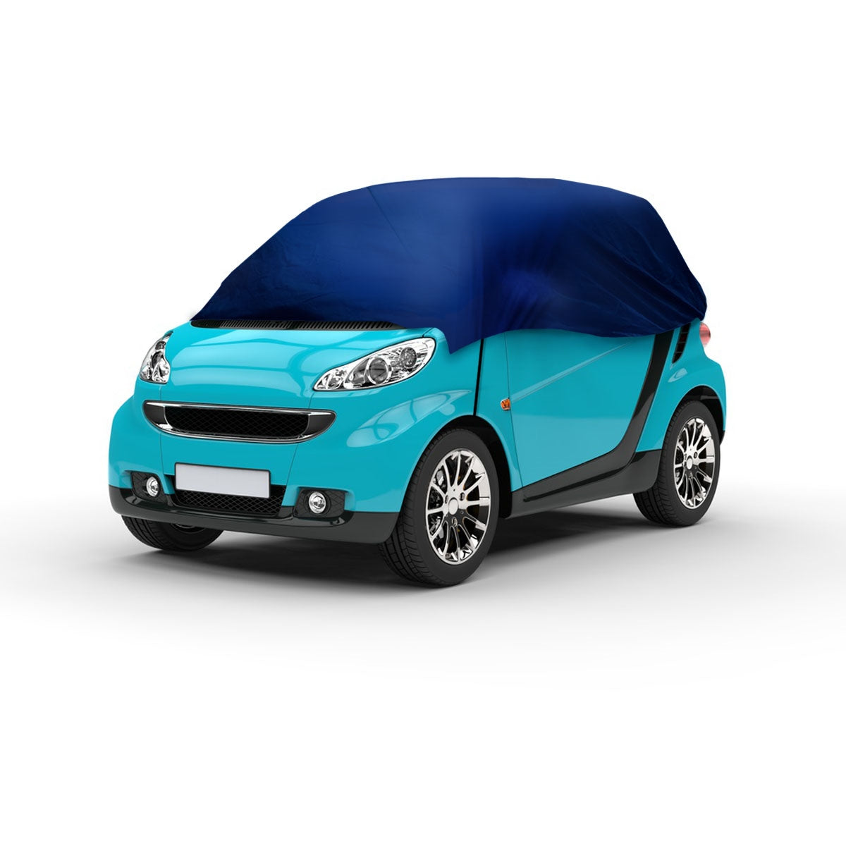 Ein blauer Smart mit einer blauen Abdeckung auf einem weißen Hintergrund.
