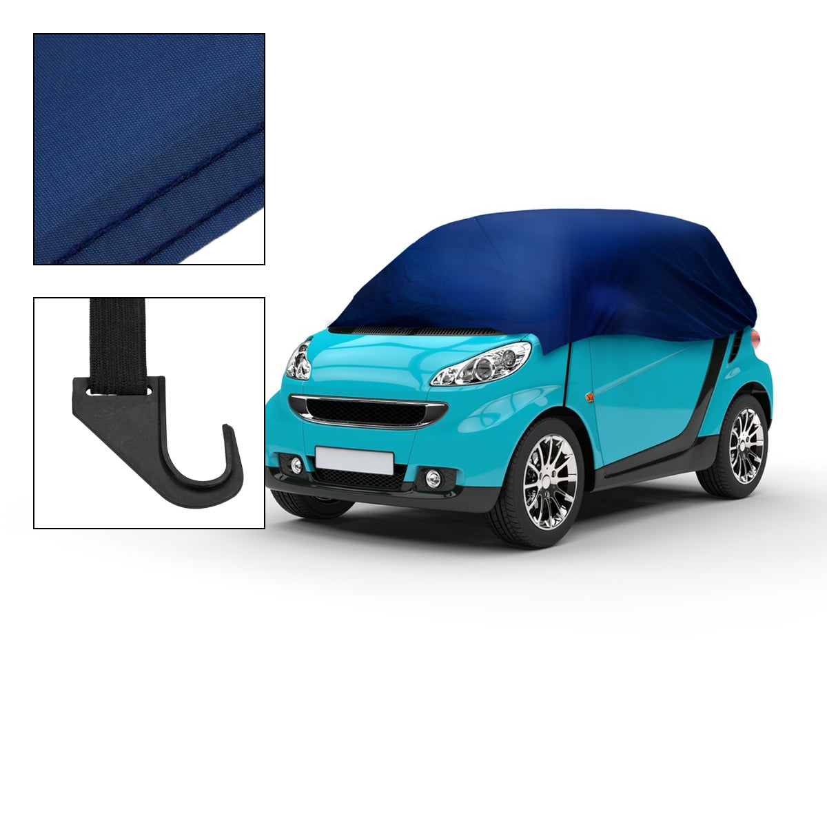 Blaue Autoabdeckung auf einem kleinen Auto mit Haken zur Befestigung.