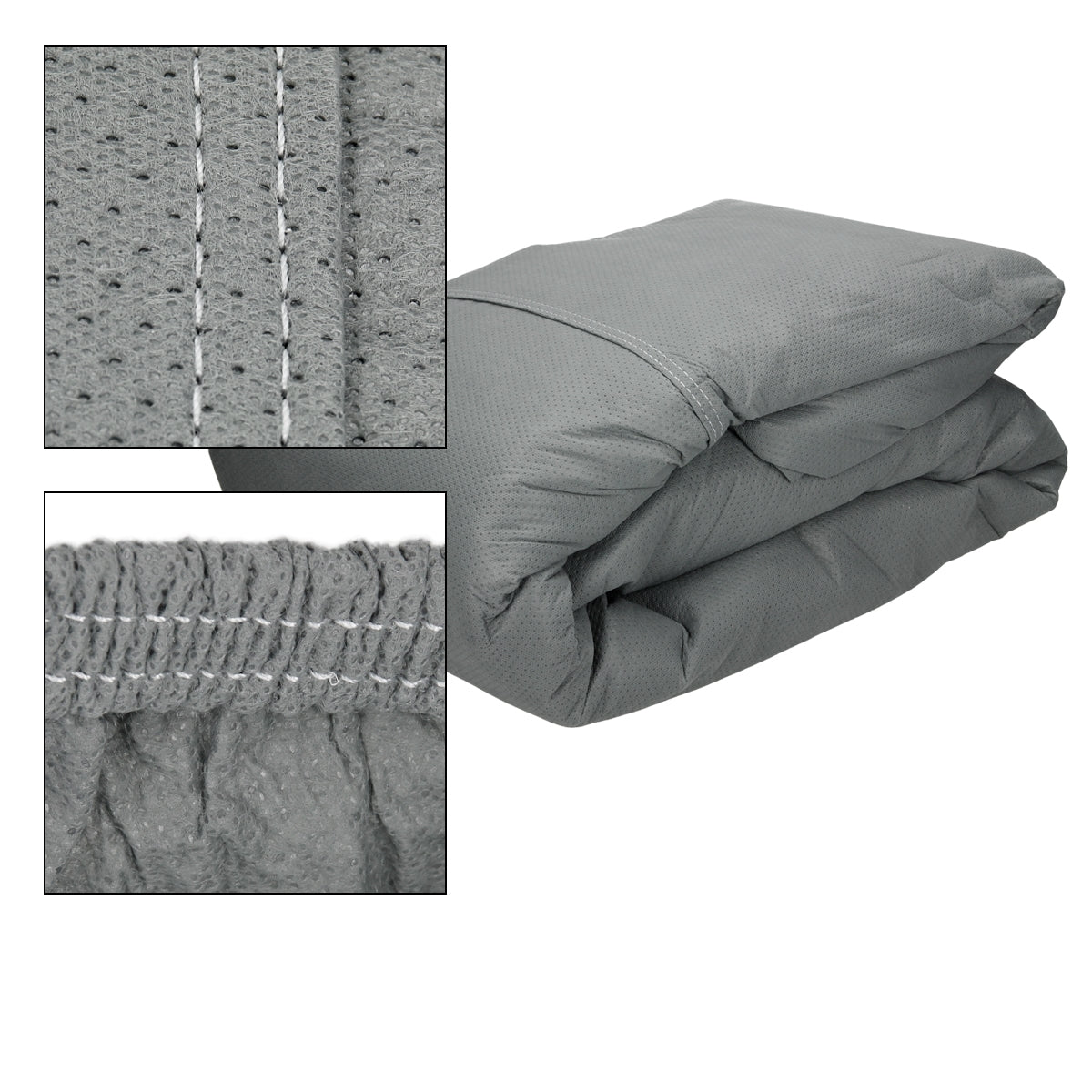Geknickte graue Decke mit sichtbaren Nähten und Falten.