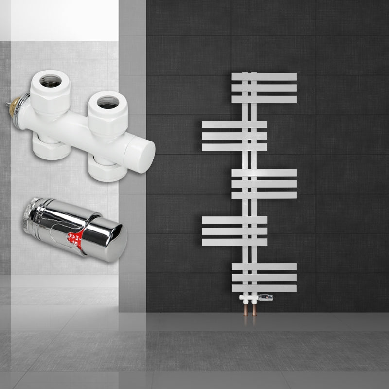 White radiator with modern lines against a dark wall.