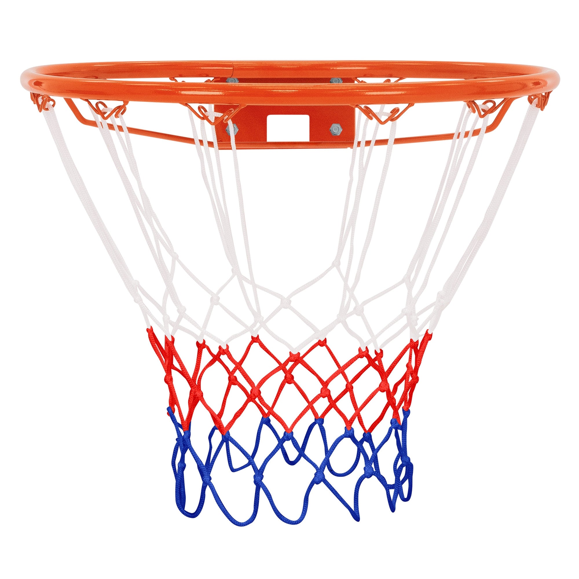 Ein Basketballkorb mit orangefarbener Halterung und Netz in rot, weiß und blau.
