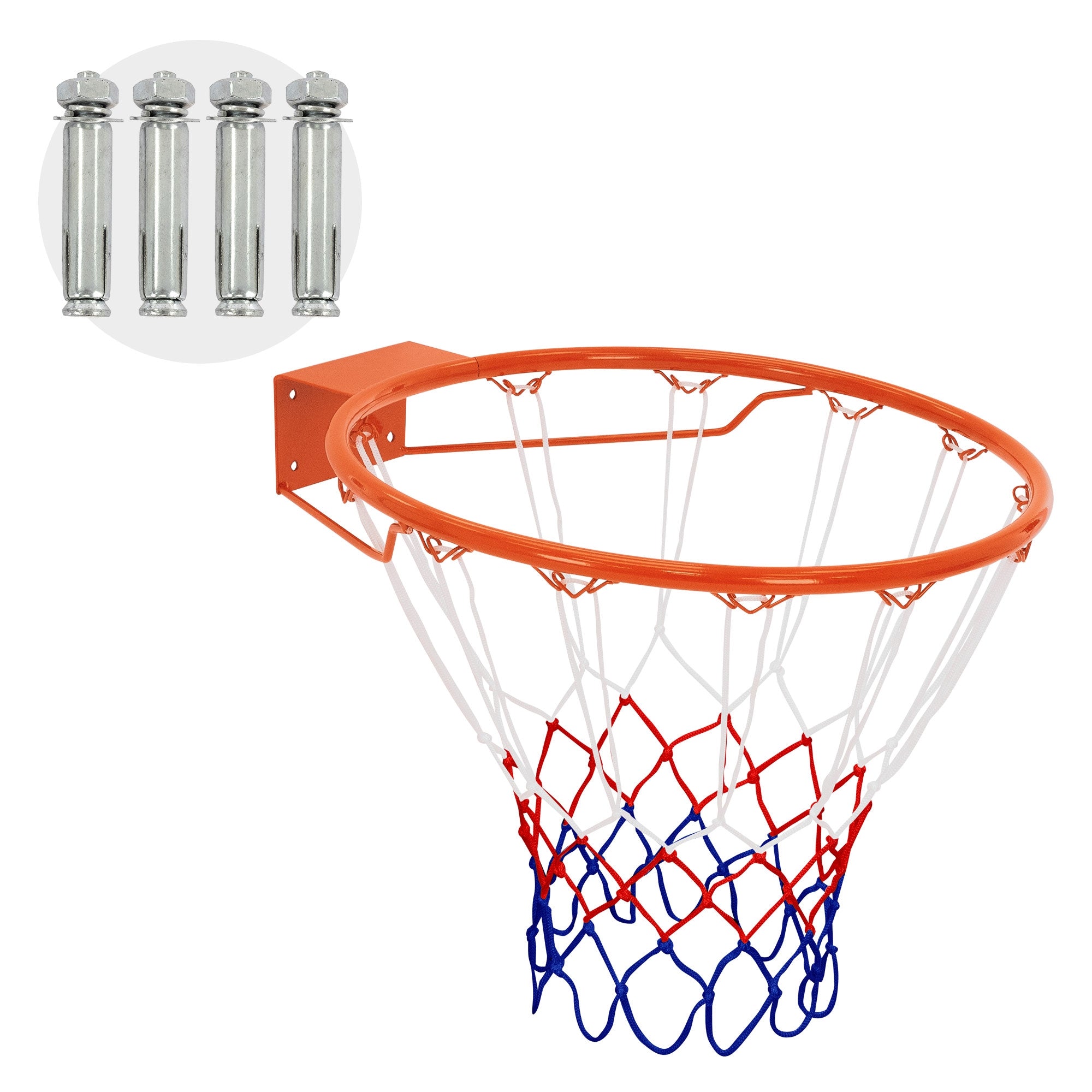 Basketballkorb mit orangefarbener Umrandung und Netz in rot und blau.