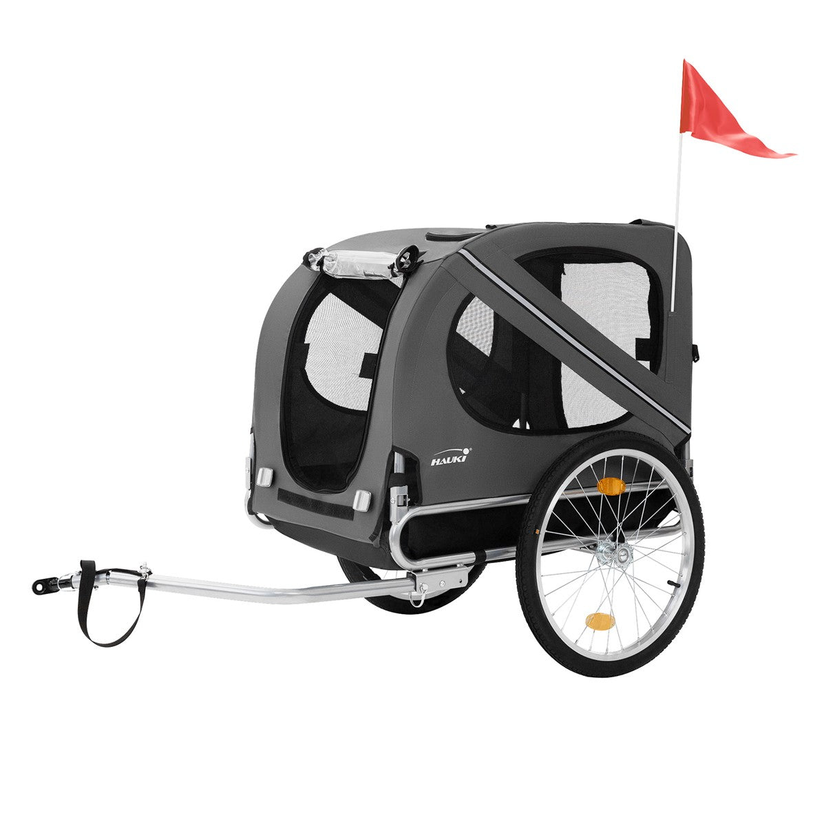 Dog trailer with two windows, a red flag, and one wheel.