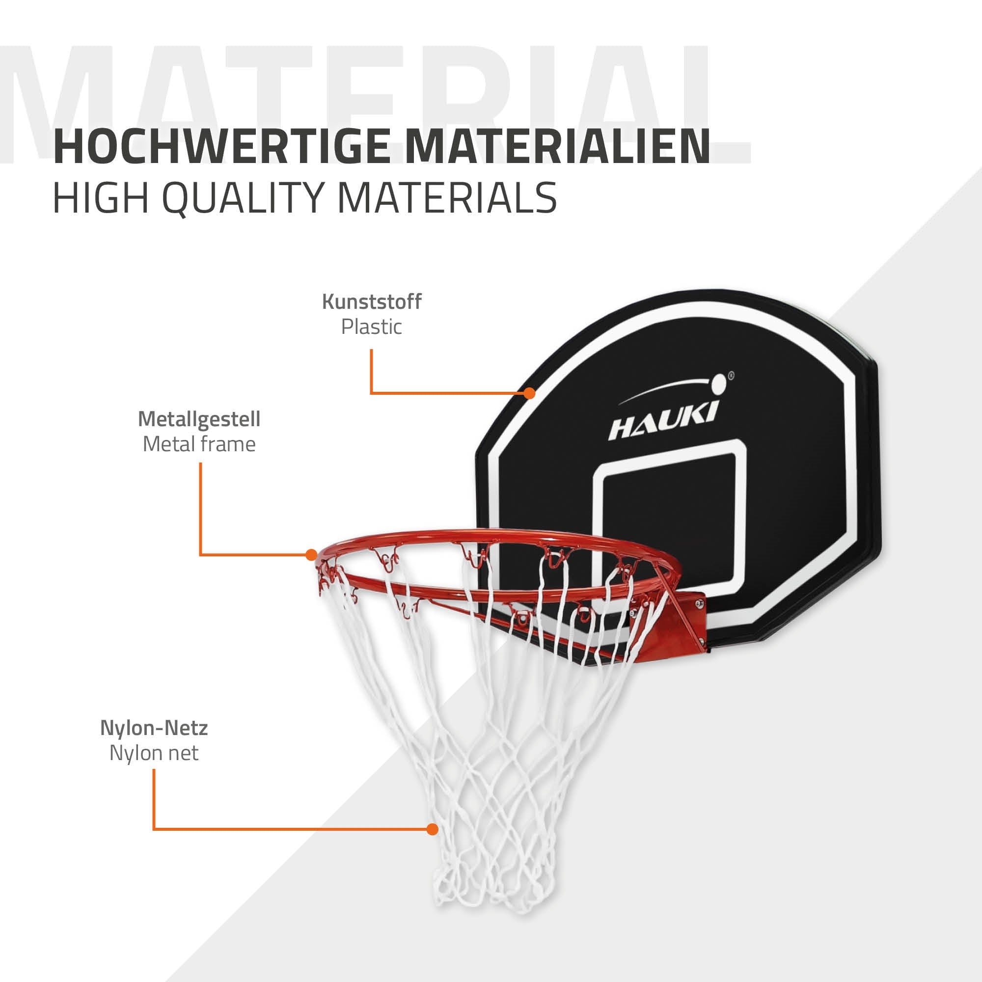 Basketball hoop with plastic backboard and metal frame, net made of nylon.