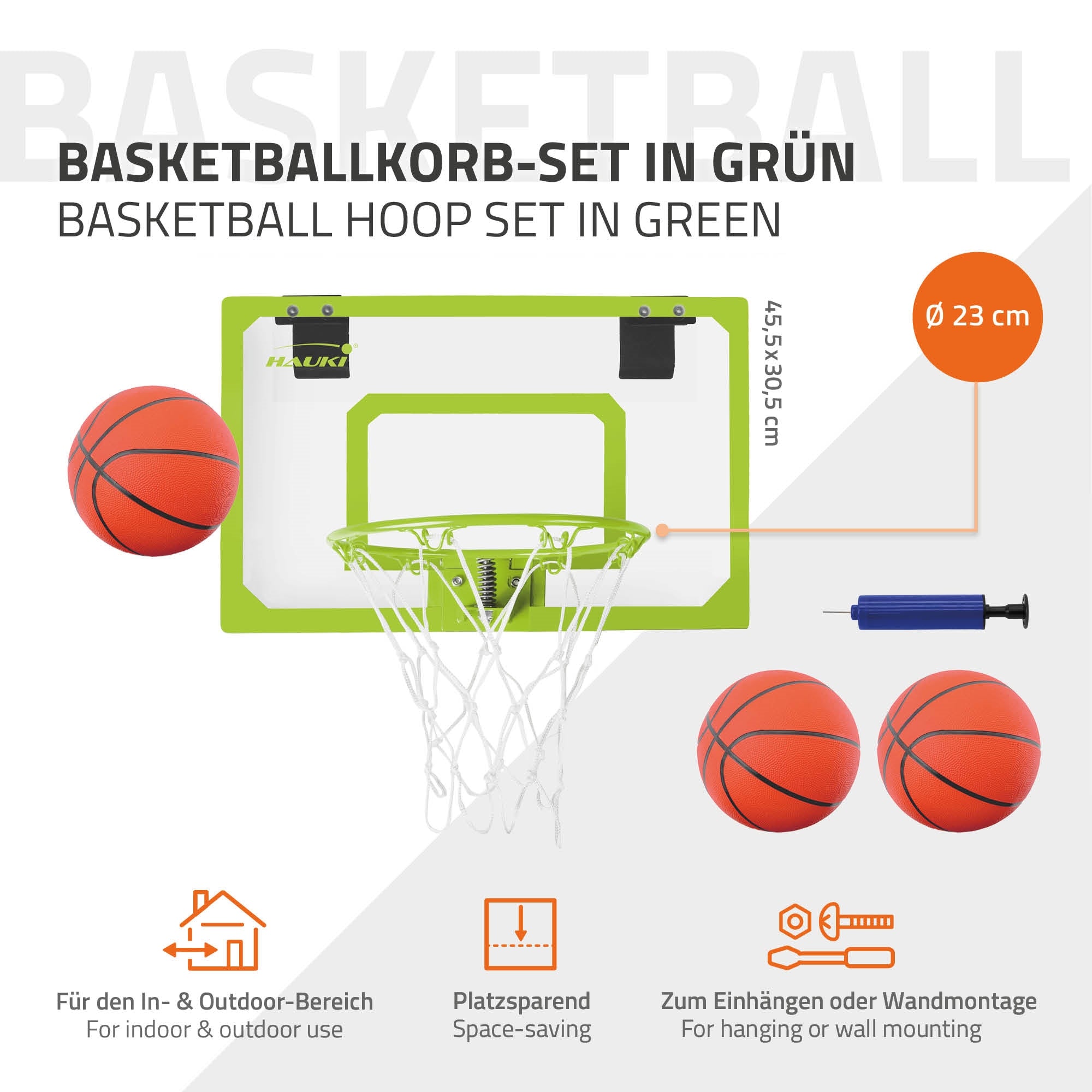 Basketballkorb-Set in grün mit zwei Bällen, für Innen- und Außenbereich.