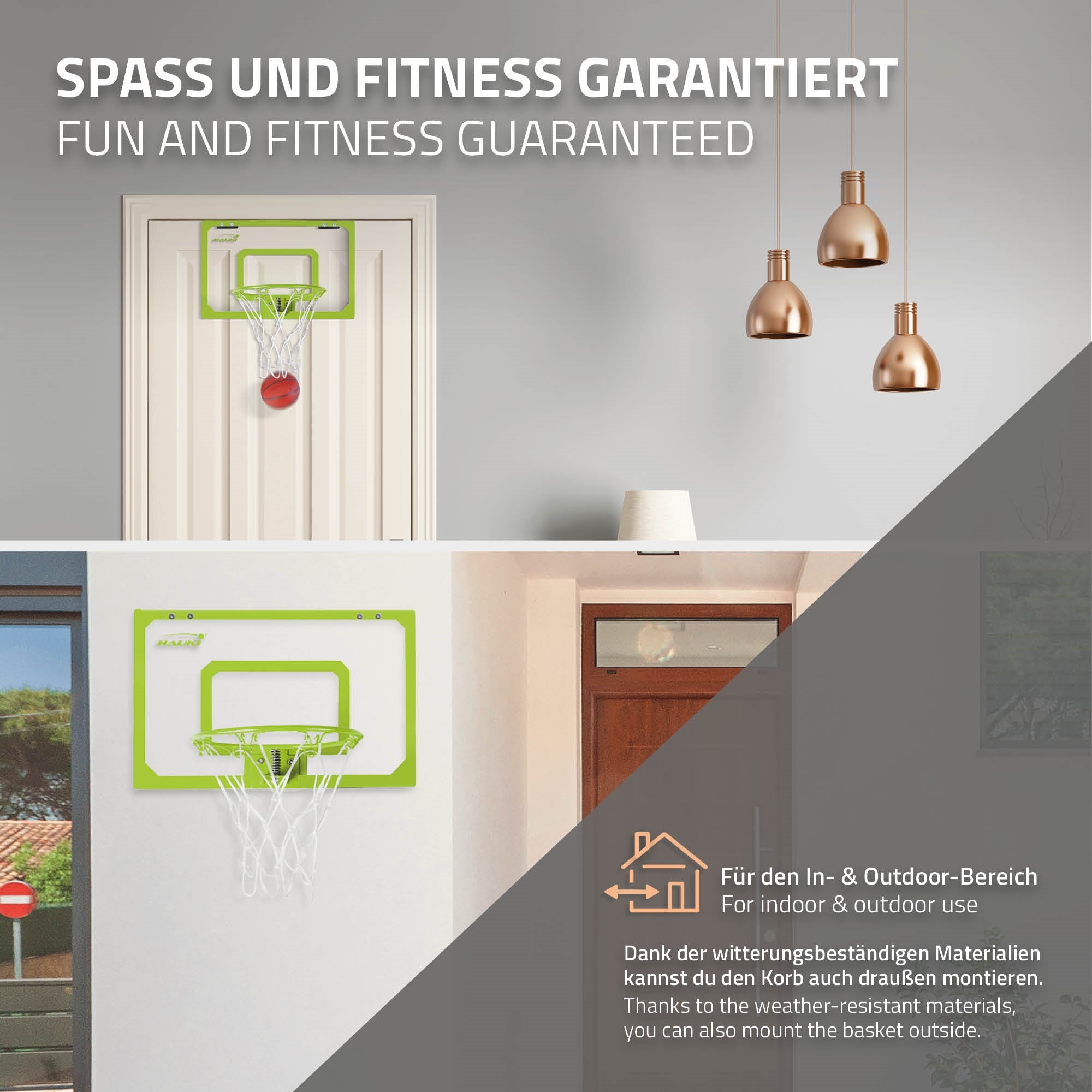 Basketballkorb an einer Wand mit dekorativen Lampen im Hintergrund.