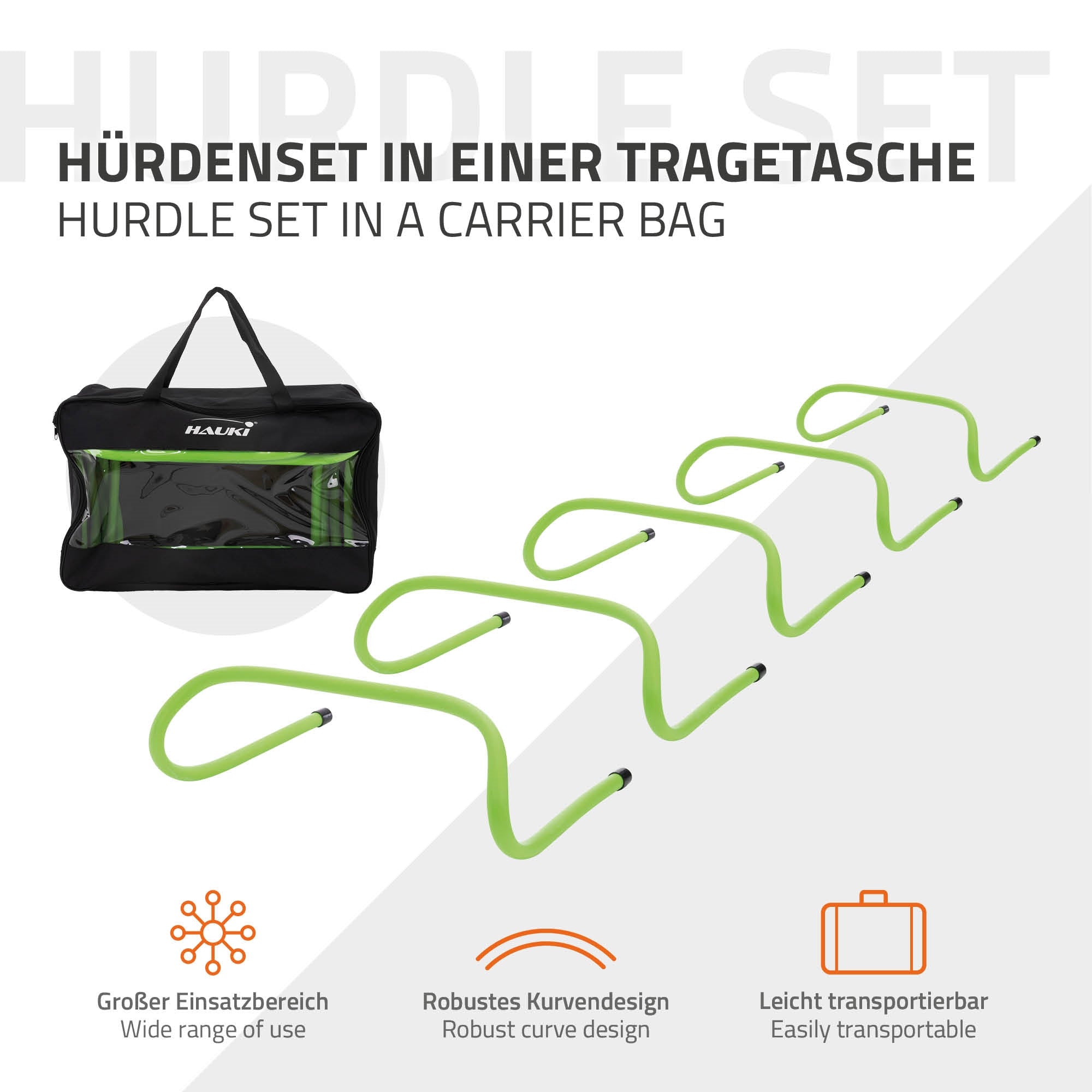Grünes Hürdenset in einer Tragetasche auf weißem Hintergrund.