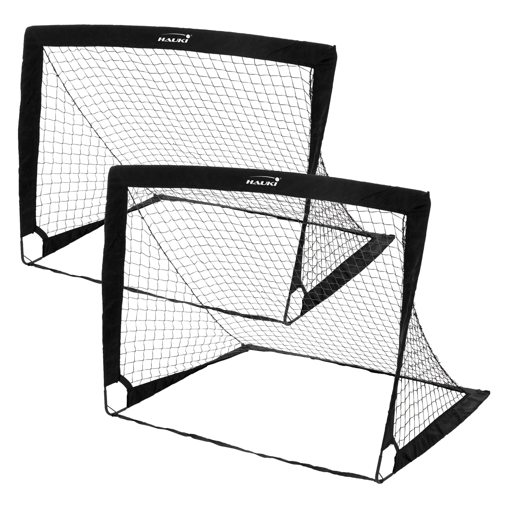 Zwei Fußballtore mit Netz in Schwarz auf weißem Hintergrund.