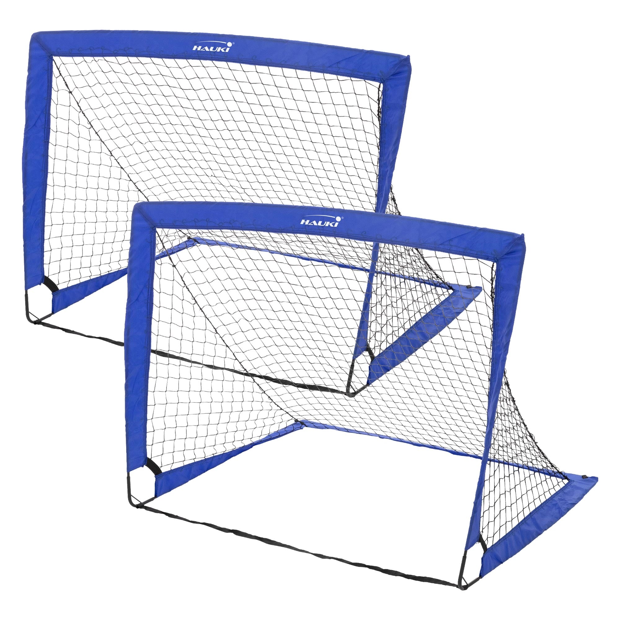Zwei blaue Fußballtore mit Netz.