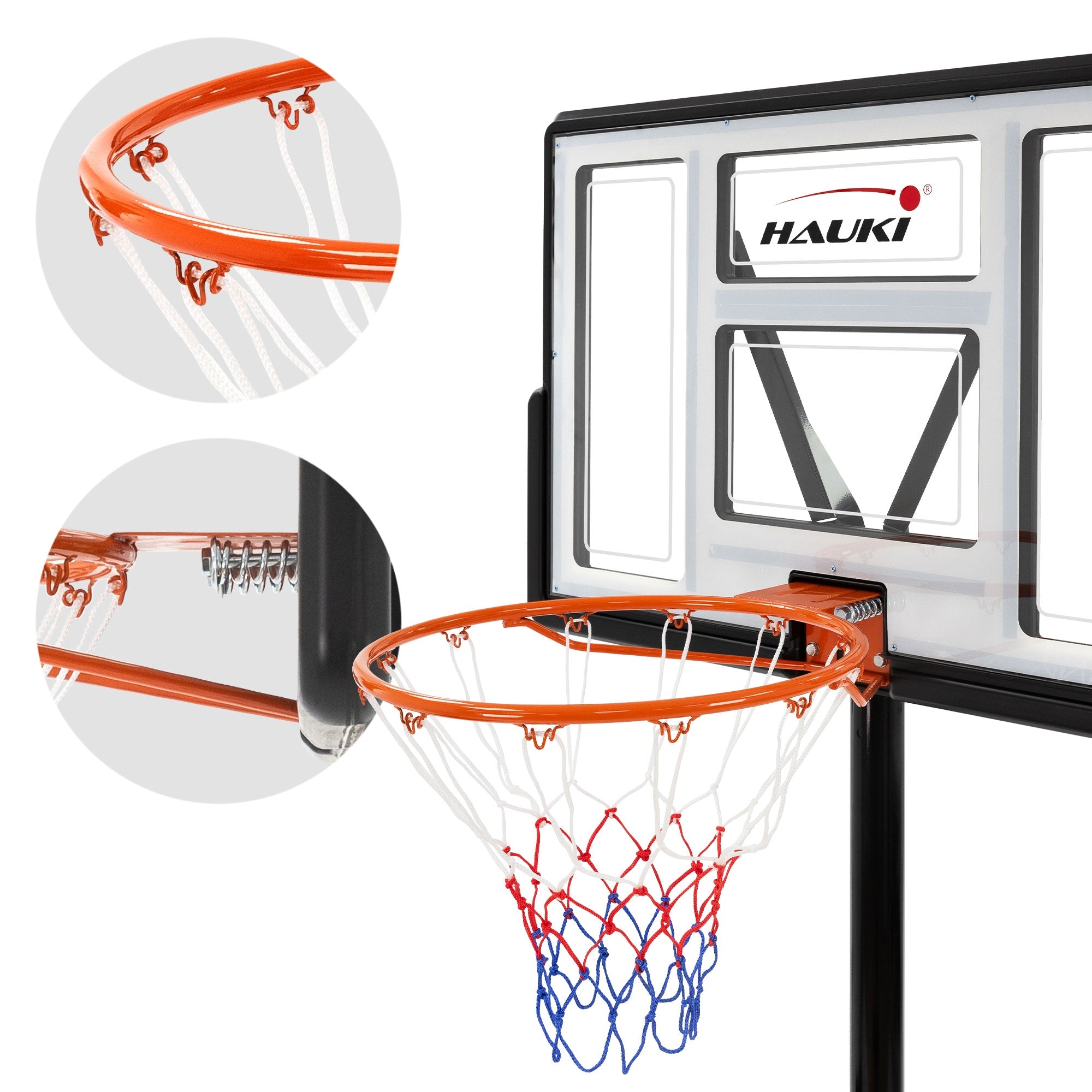 Detailansicht eines Basketballkorbs mit Netz und Halterung.
