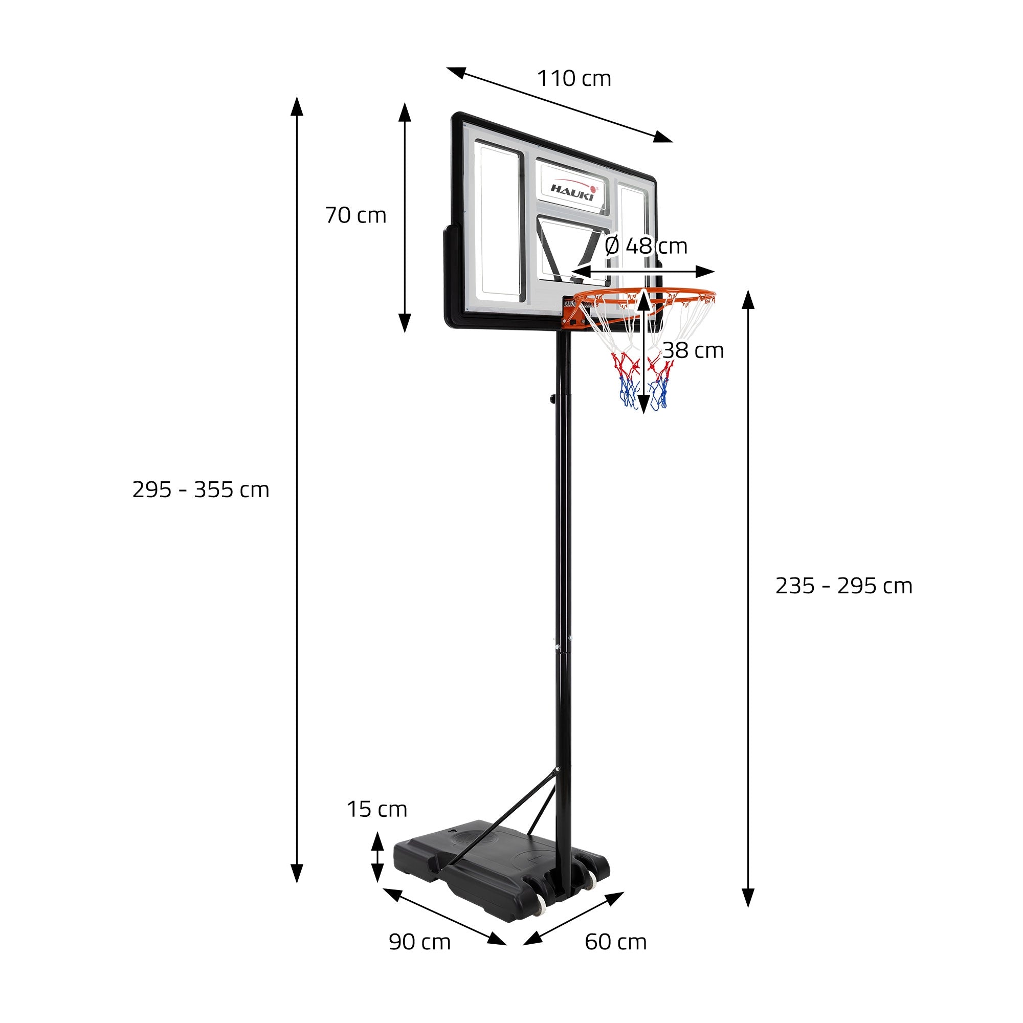 Basketballkorb mit Maßangaben, schwarzem Standfuß und transparentem Rückbrett.