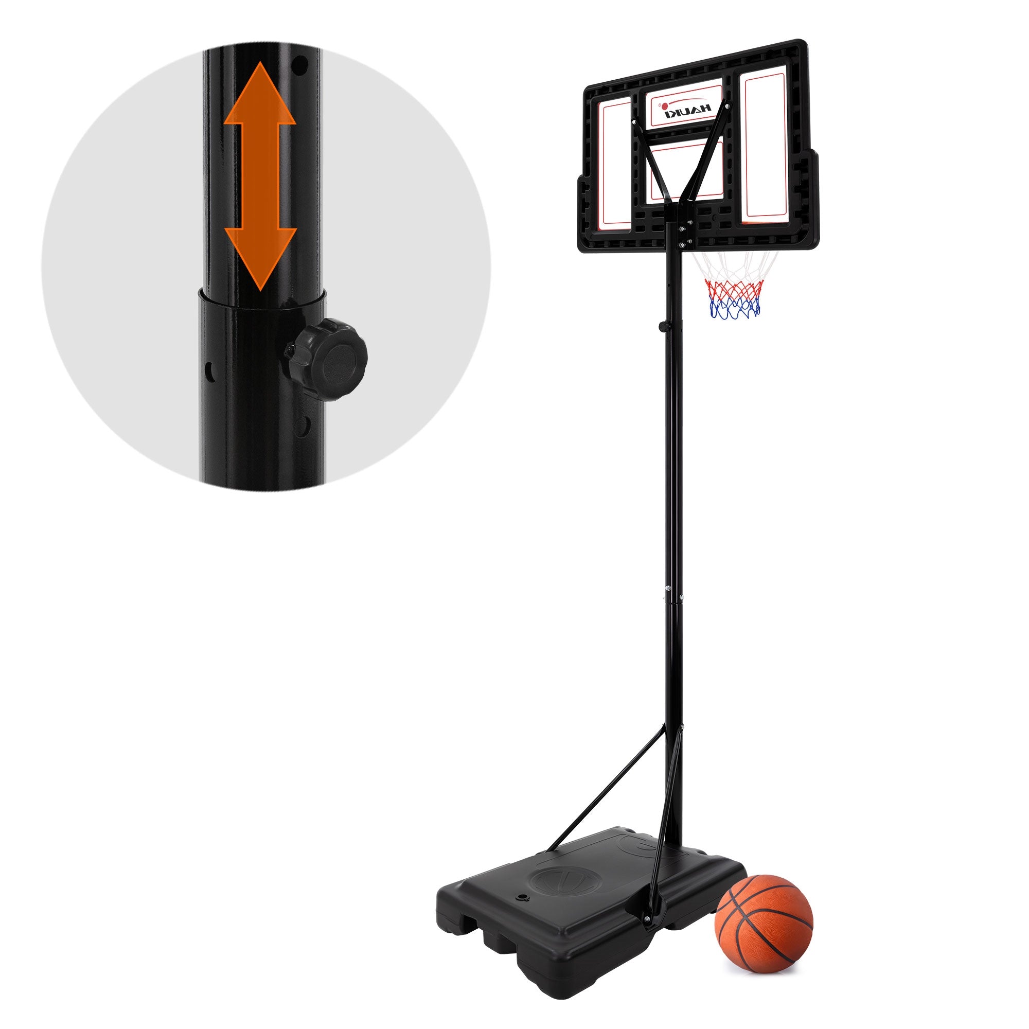 Height-adjustable basketball hoop with ball on a black background.