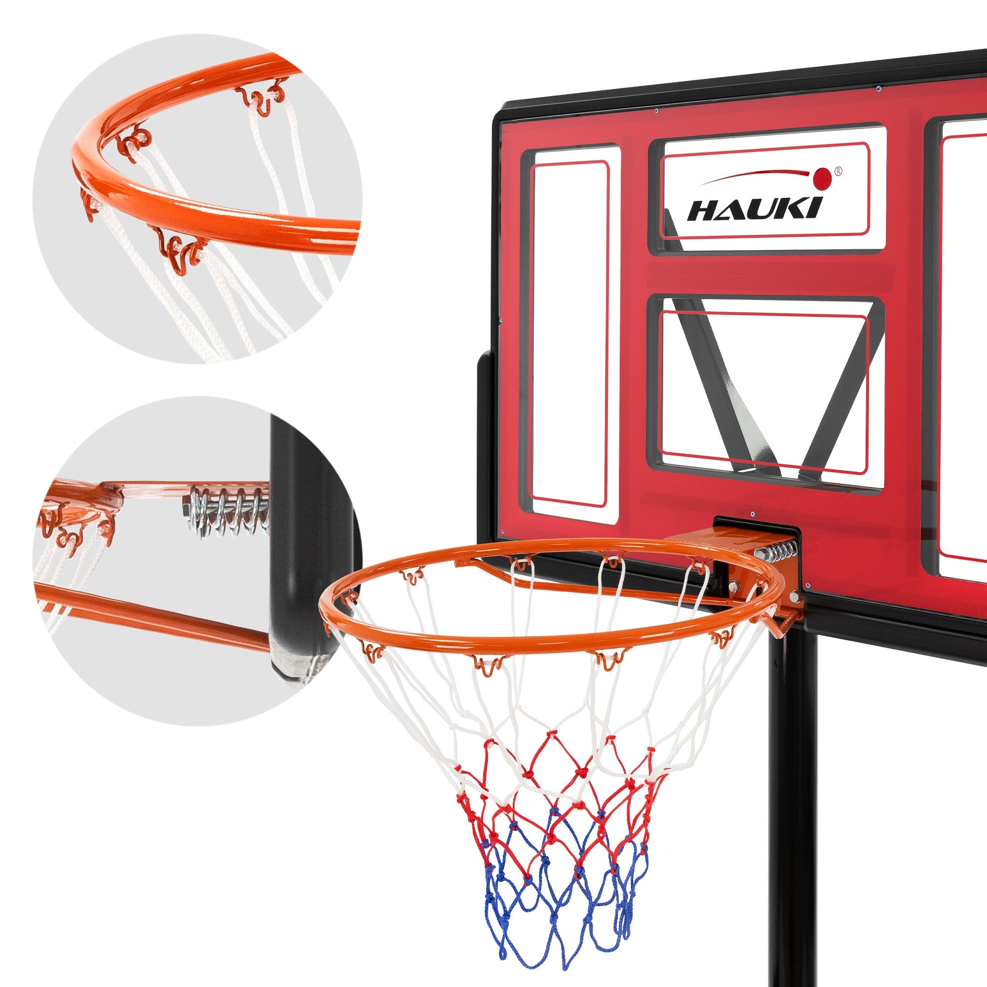 Close-up view of the basketball hoop with orange ring and net.