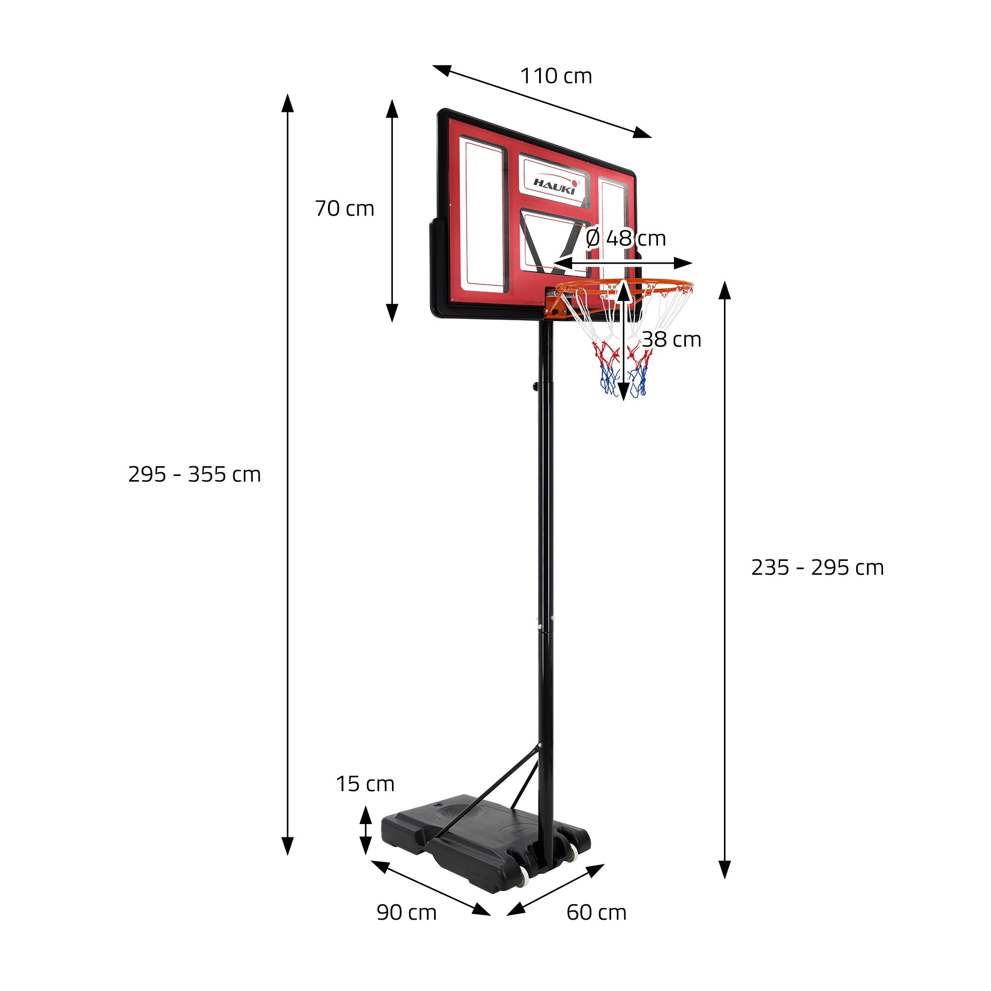 Technical drawing of a basketball hoop with measurements.