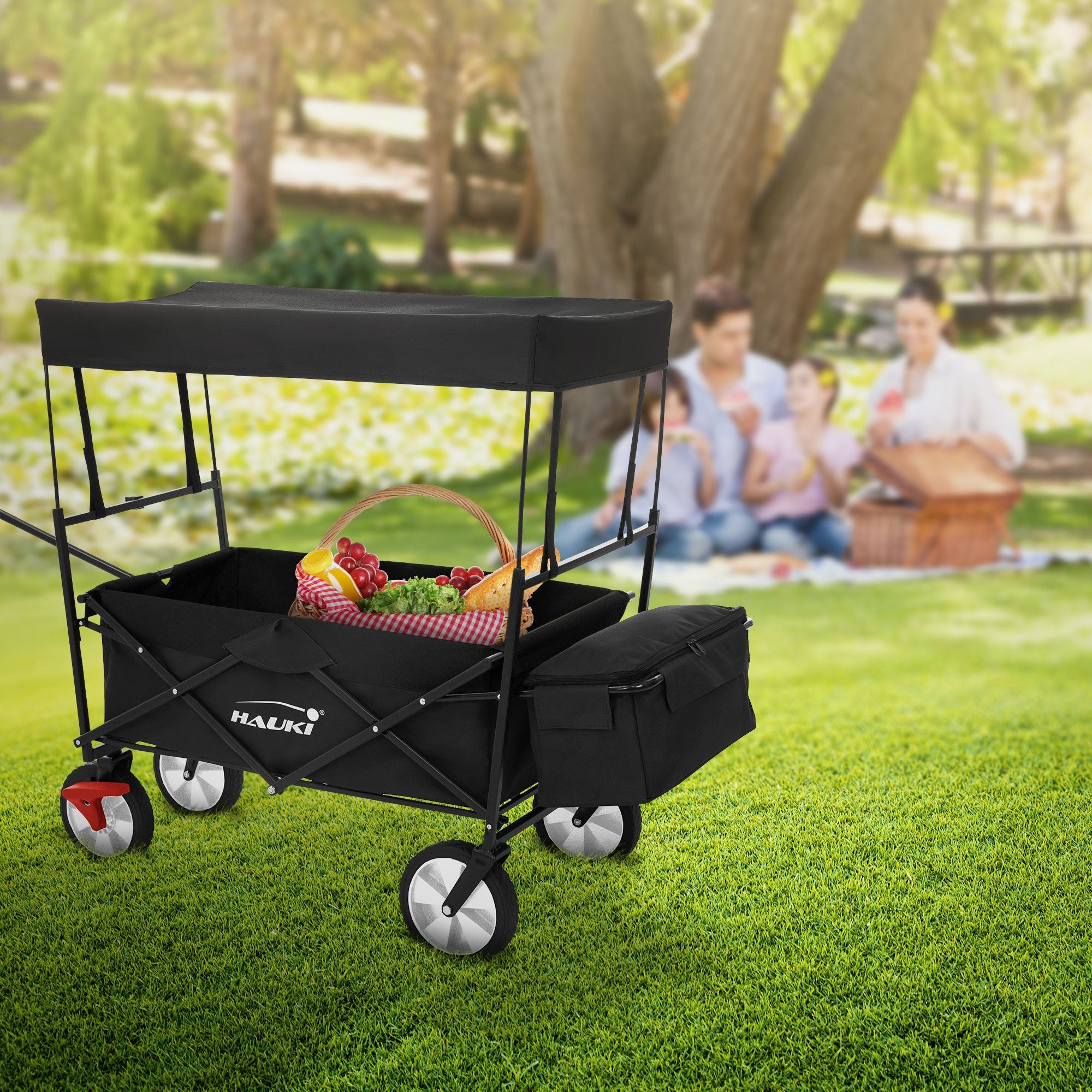 Schwarzer Wagen mit Dach, gefüllt mit Obst, auf Wiese mit Familie im Hintergrund.
