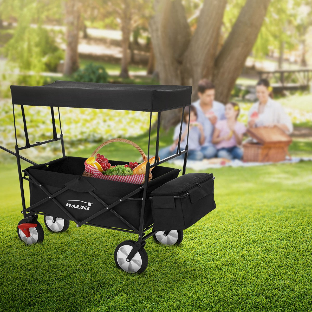 Schwarzer Wagen mit Dach, gefüllt mit Obst, auf Wiese mit Familie im Hintergrund.