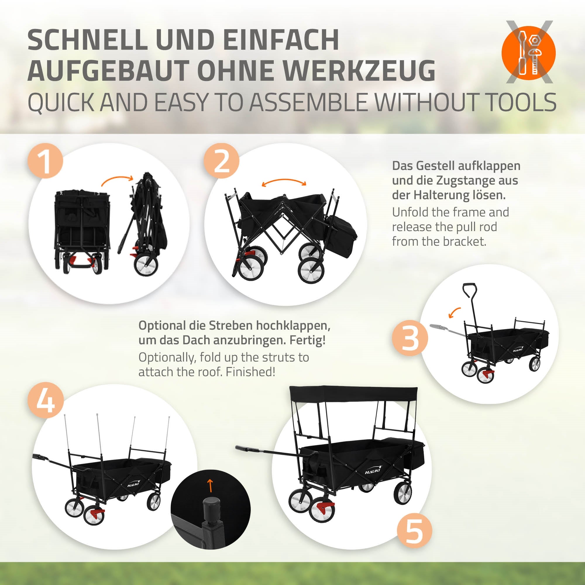 Anleitung zur Montage eines Kinderwagens ohne Werkzeug, Schritt-für-Schritt-Darstellung.