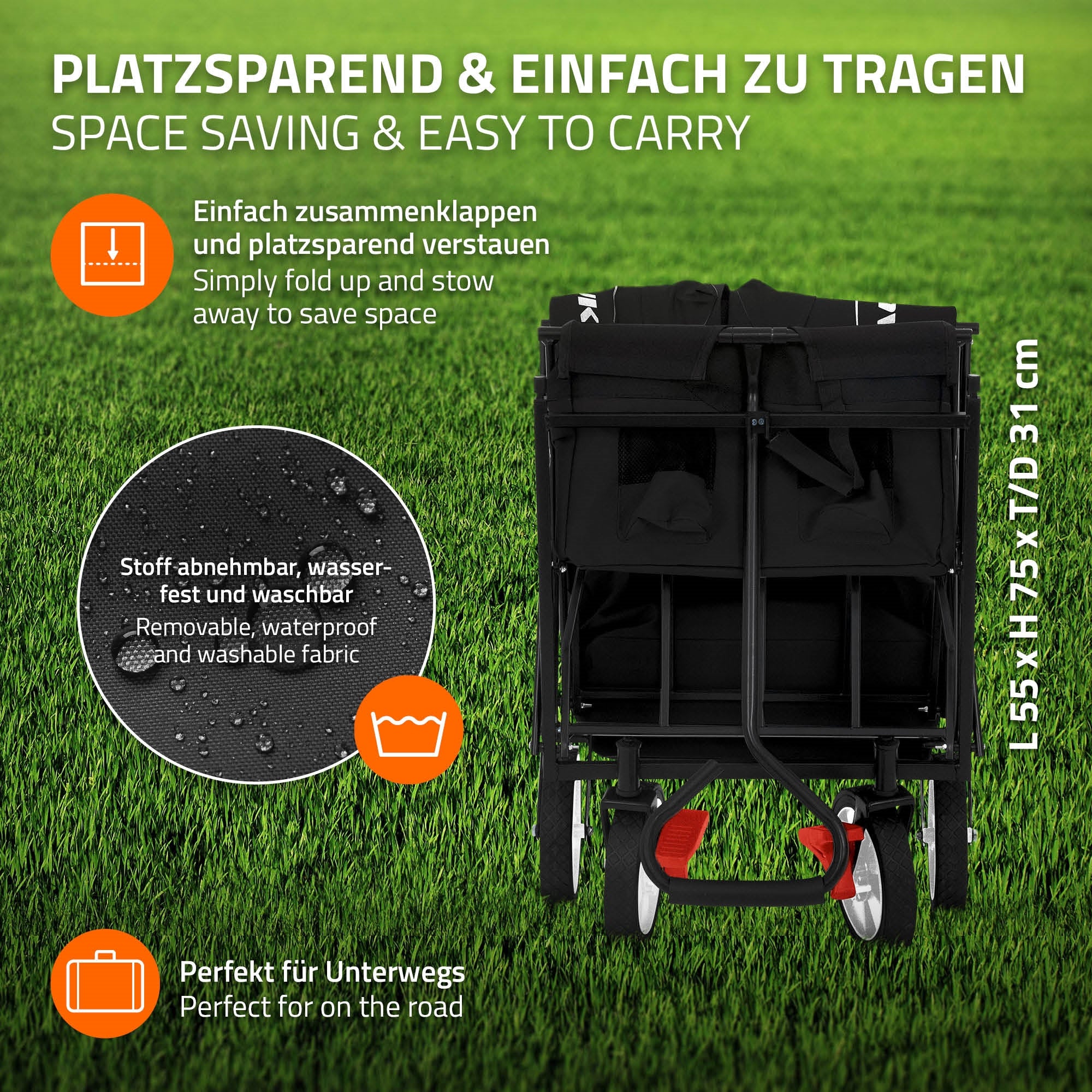 Wagen von hinten, mit abnehmbarem Stoff und Maßen, auf grünem Hintergrund.